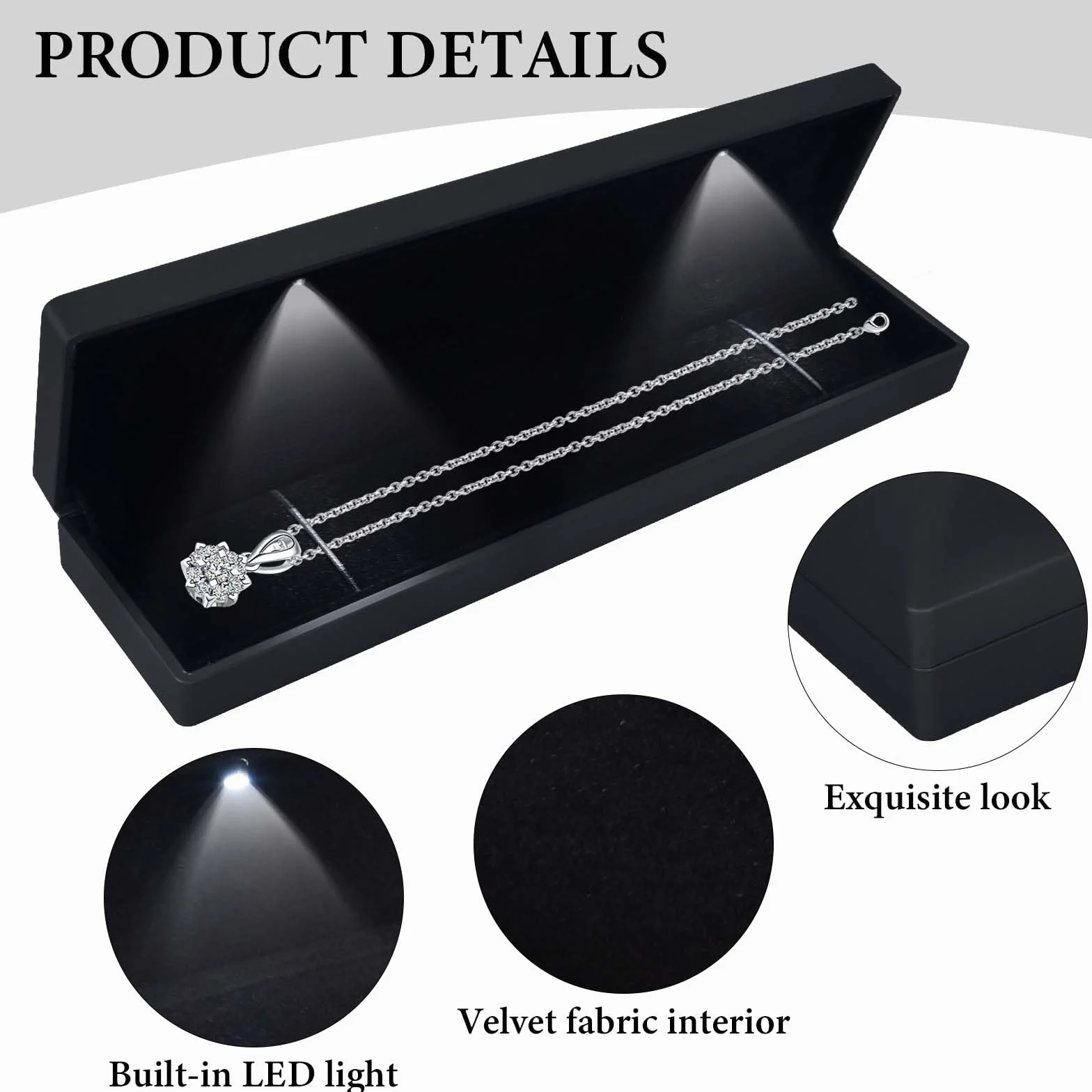 Caja de Regalo de Joyería con Luz LED, Estuche para Colgante/Pulsera/Collar con Luz LED, Joyero de Terciopelo, Estuche de Exhibición de Joyería, para Propuesta Compromiso Boda, 23*5.5*3.5cm, Negro
