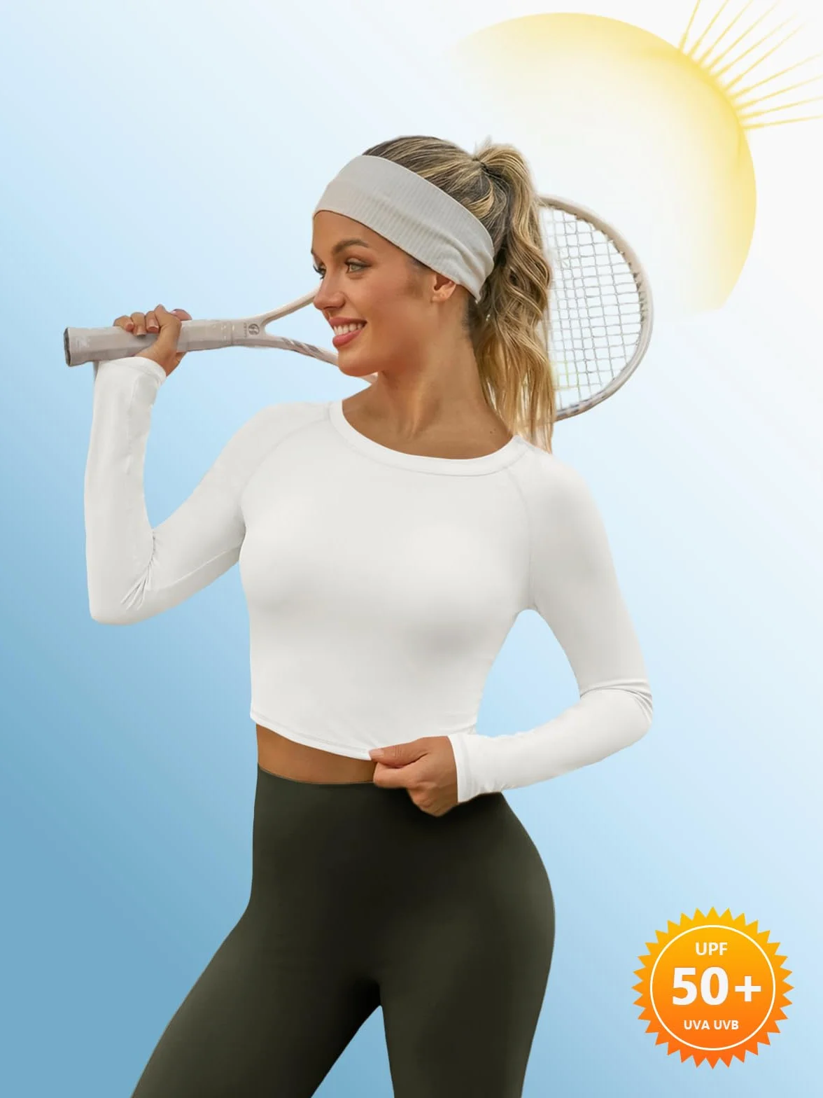 Fisoew Camiseta deportiva mujer UPF 50+ protección solar manga larga cuello redondo yoga entrenamiento crop transpirable ajustada