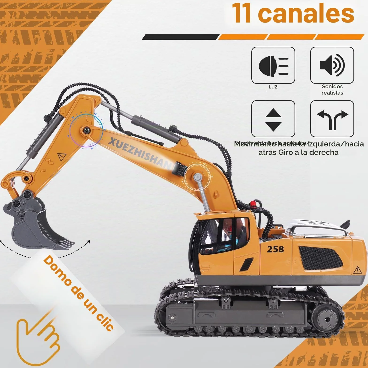 Excavadora teledirigida de juguete RC 2,4 GHz, 11 canales, mando a distancia con pala de aleación de hierro, 2 baterías con luz y música