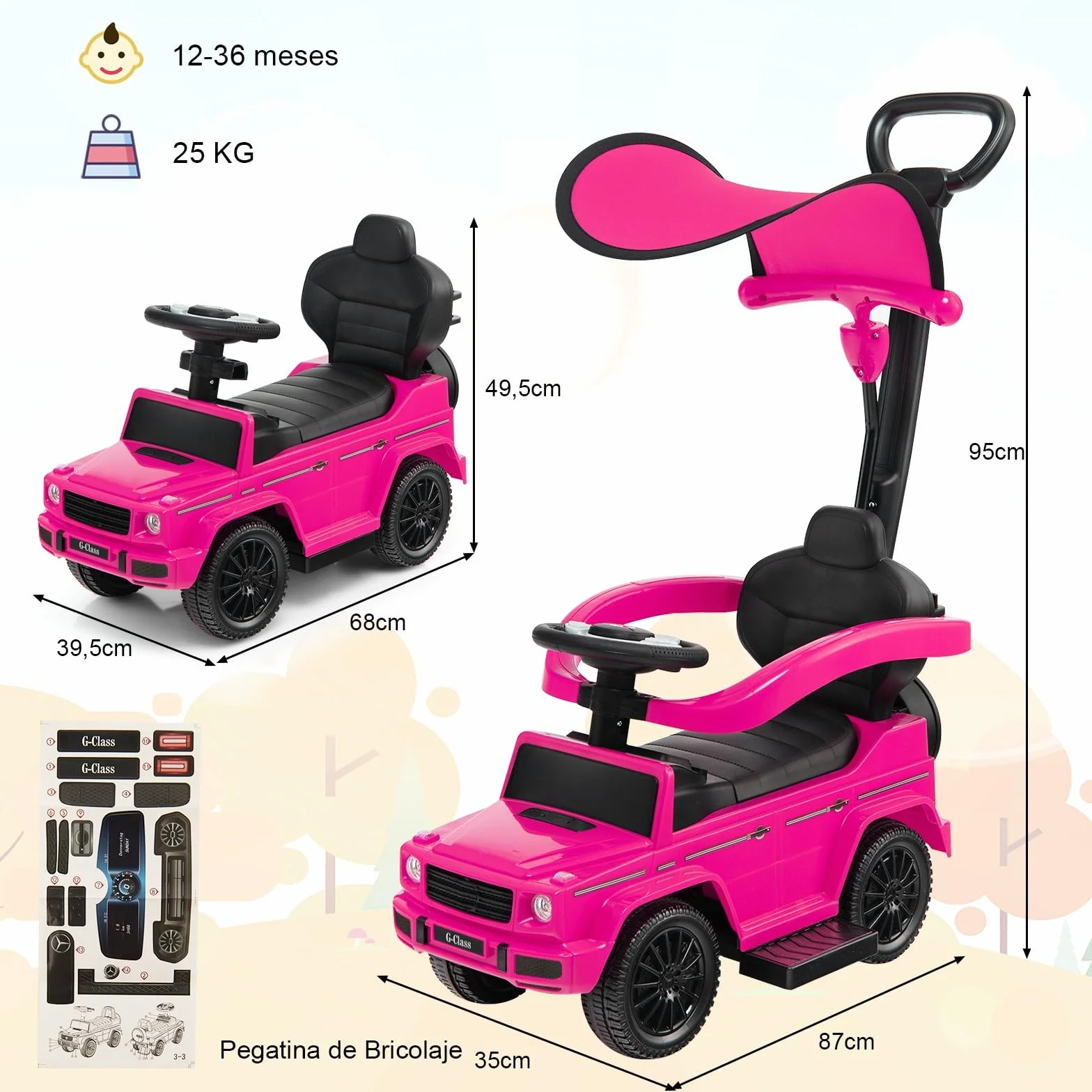 COSTWAY 3 en 1 Coche Correpasillos para Niños, Coche de Paseo Infantil Mercedes Benz con Toldo Ajustable, Manija para Padres, Barandilla para Apoyabrazos, Sonido del Motor y Bocina (Rosa)