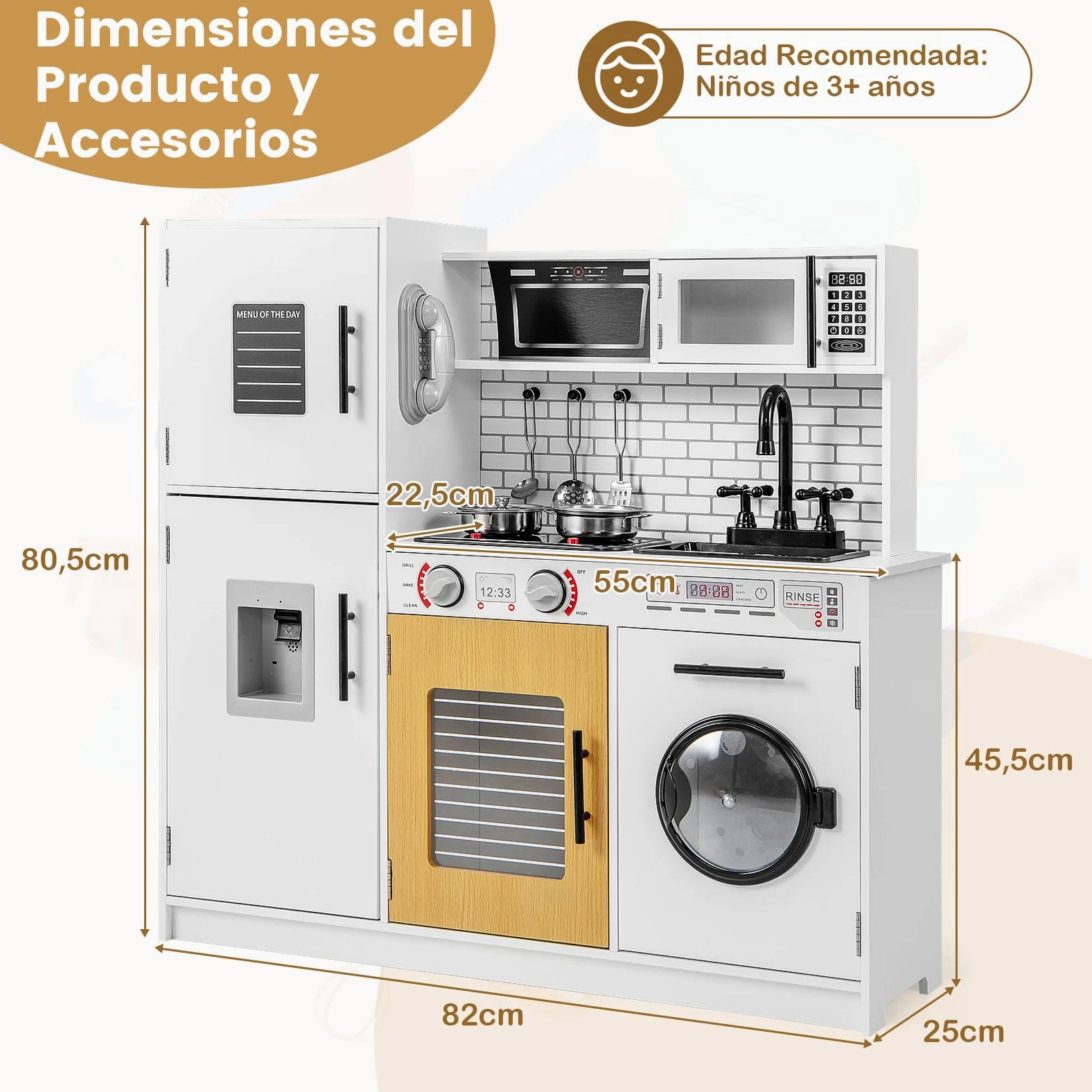 COSTWAY Cocina Juguete para Niños, Cocinita de Madera Infantil con Horno, Lavadora, Microondas, Dispensador de Agua, Teléfono, Sonidos y Luces Reales, Cocinita Infantil para Niños de 3+ Años (Blanco)