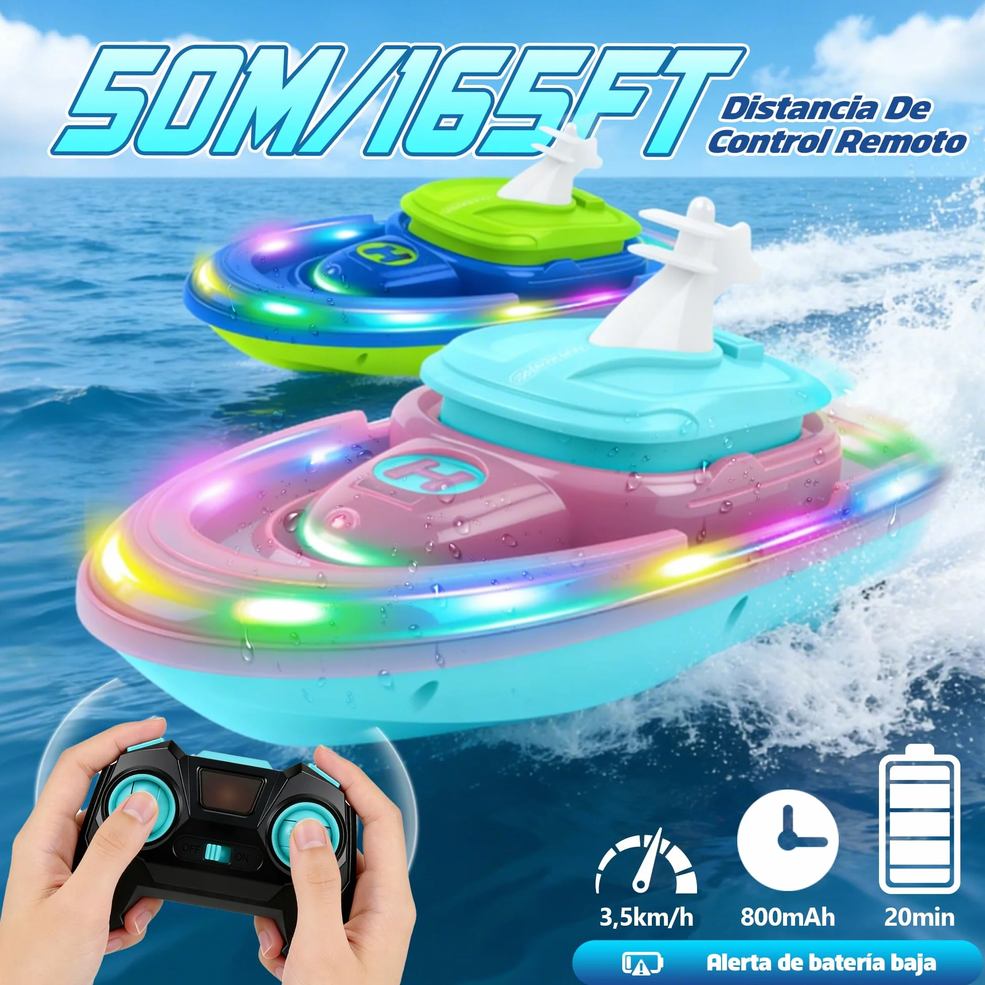 FORMIZON Submarino Teledirigido, Barco Teledirigido con Pulverizador de Agua, Barco RC con Luces y Resistentes al Agua Lancha Teledirigida Niños con Función de Piloto Automático (Azul)