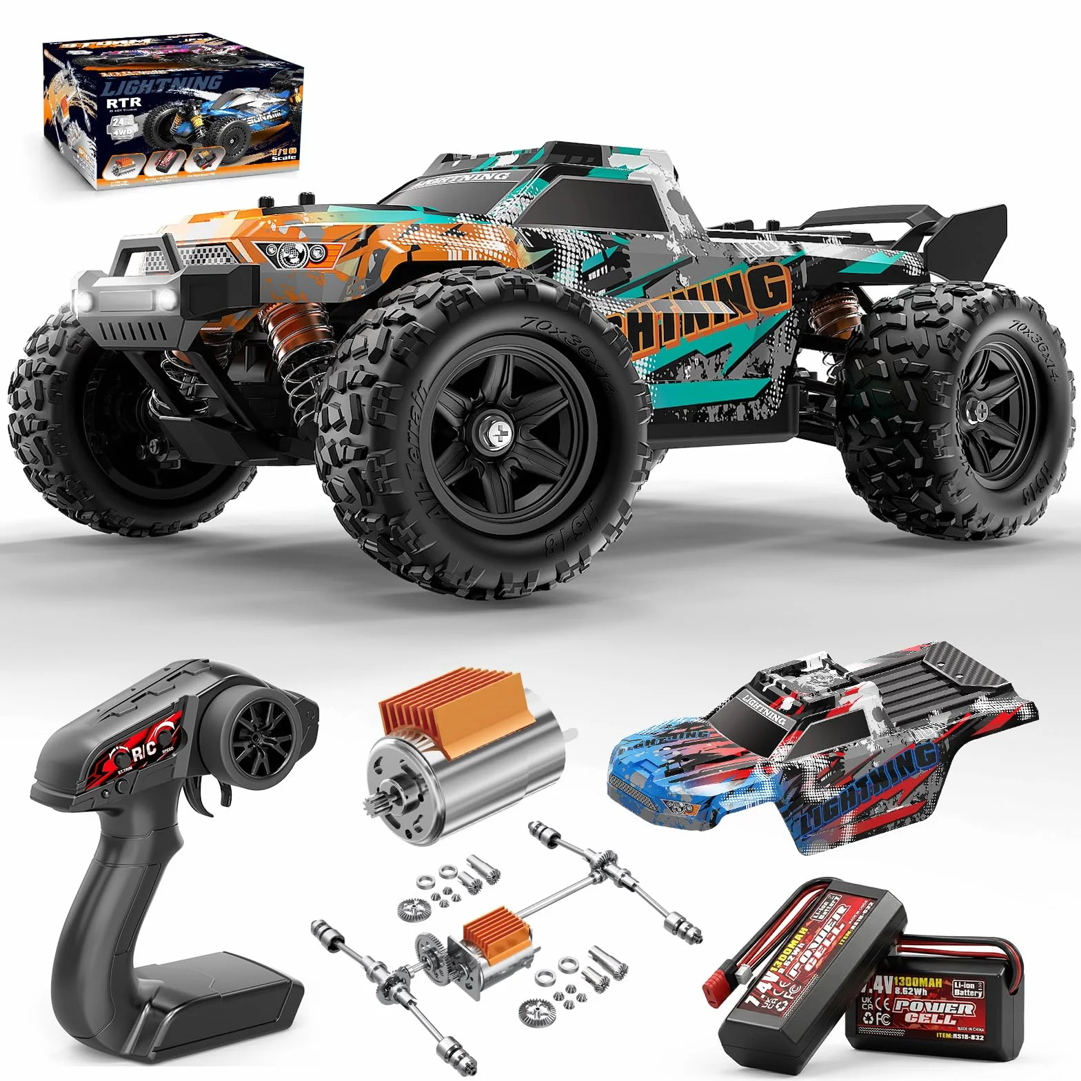 Coche Teledirigido 1:18 4WD 40 km/h Todoterreno 4x4, Coche Radiocontrol con 2 Baterías 7.4V 1300mAh, ESC Impermeable 2.4GHz, Doble Carrocería, Transmisión Metálica para Niños y Adultos