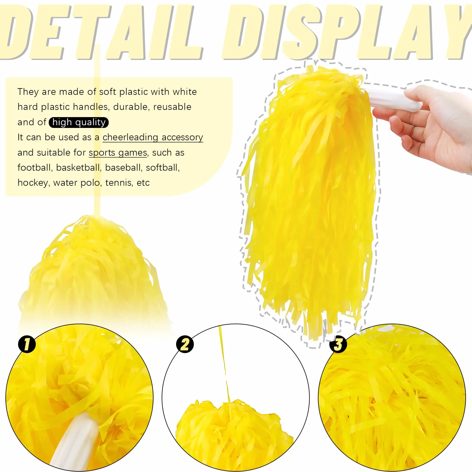 Pompones de plástico para animadoras, Paquete de 12, Amarillo