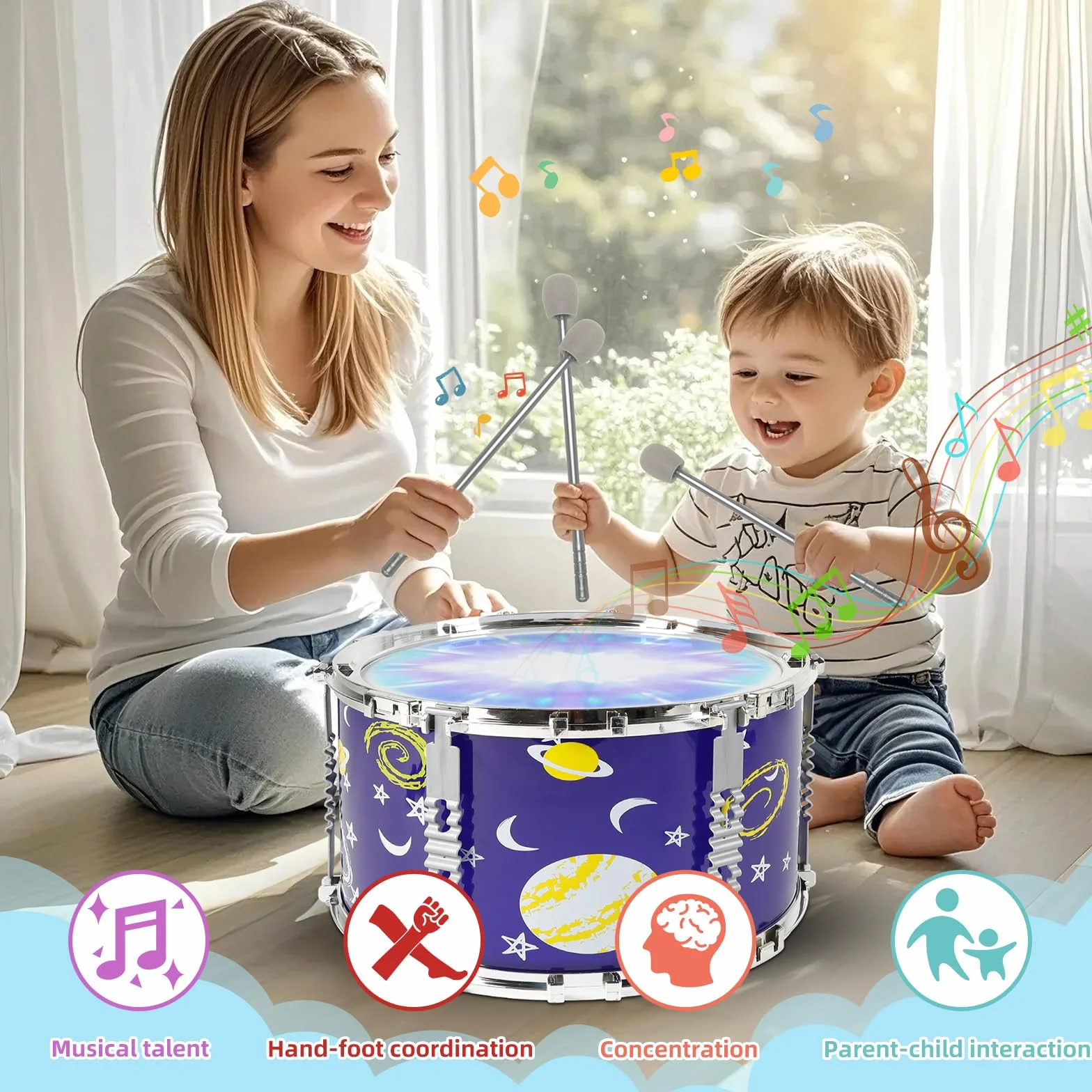 Bateria Infantil Musicales Niños con Luces y Kit de Tambores, Jazz Tambores con Taburete, Instrumentos Educativos para Niños 2-6 Años