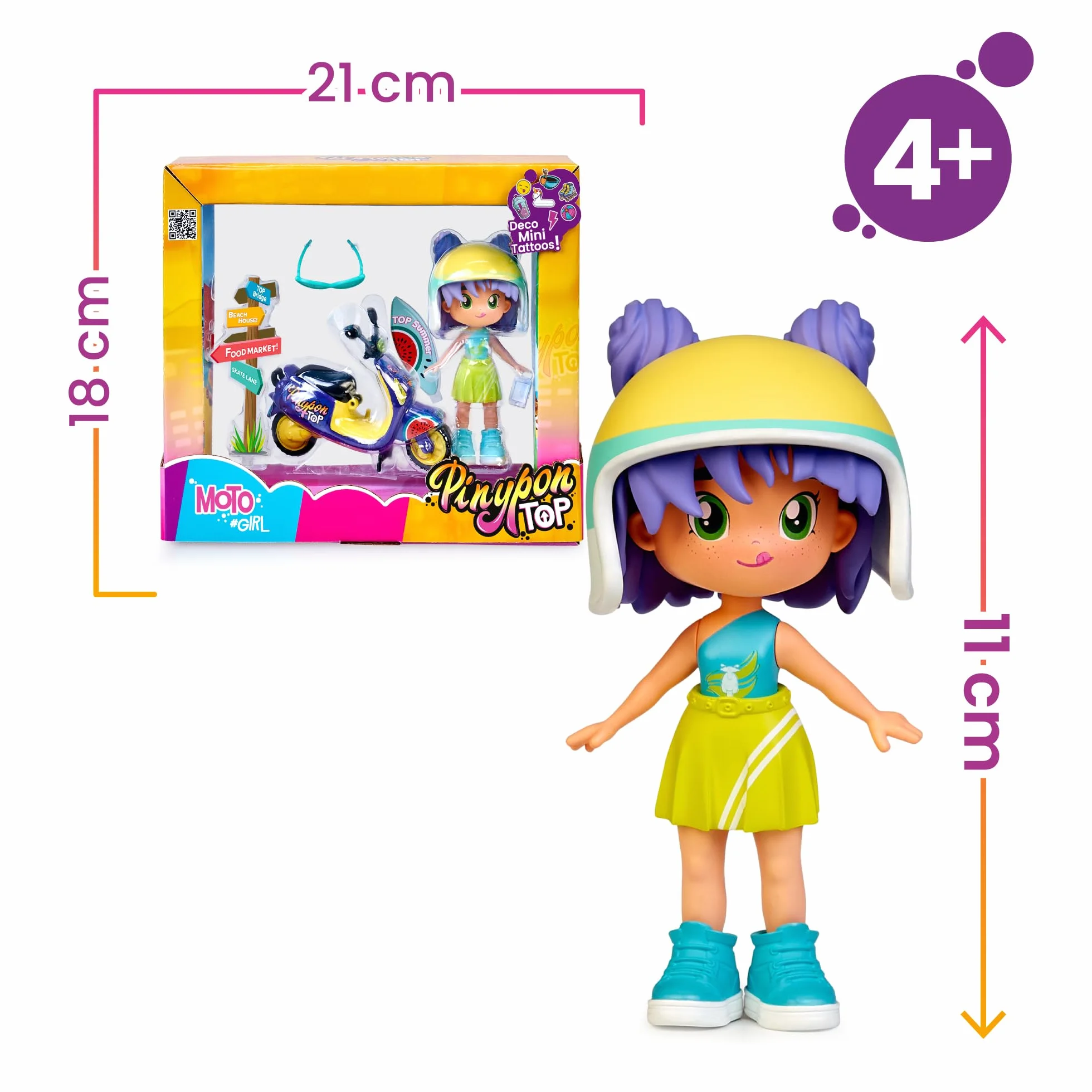 Pinypon Top Moto Girl, Figura Articulada de Brazos y Piernas, Set de Chica Top con su Moto, Incluyen Casco y Gafas, Ropa y Zapatos Intercambiables, Doble Cara y Decoración, +4 años, Famosa (PNN03000)