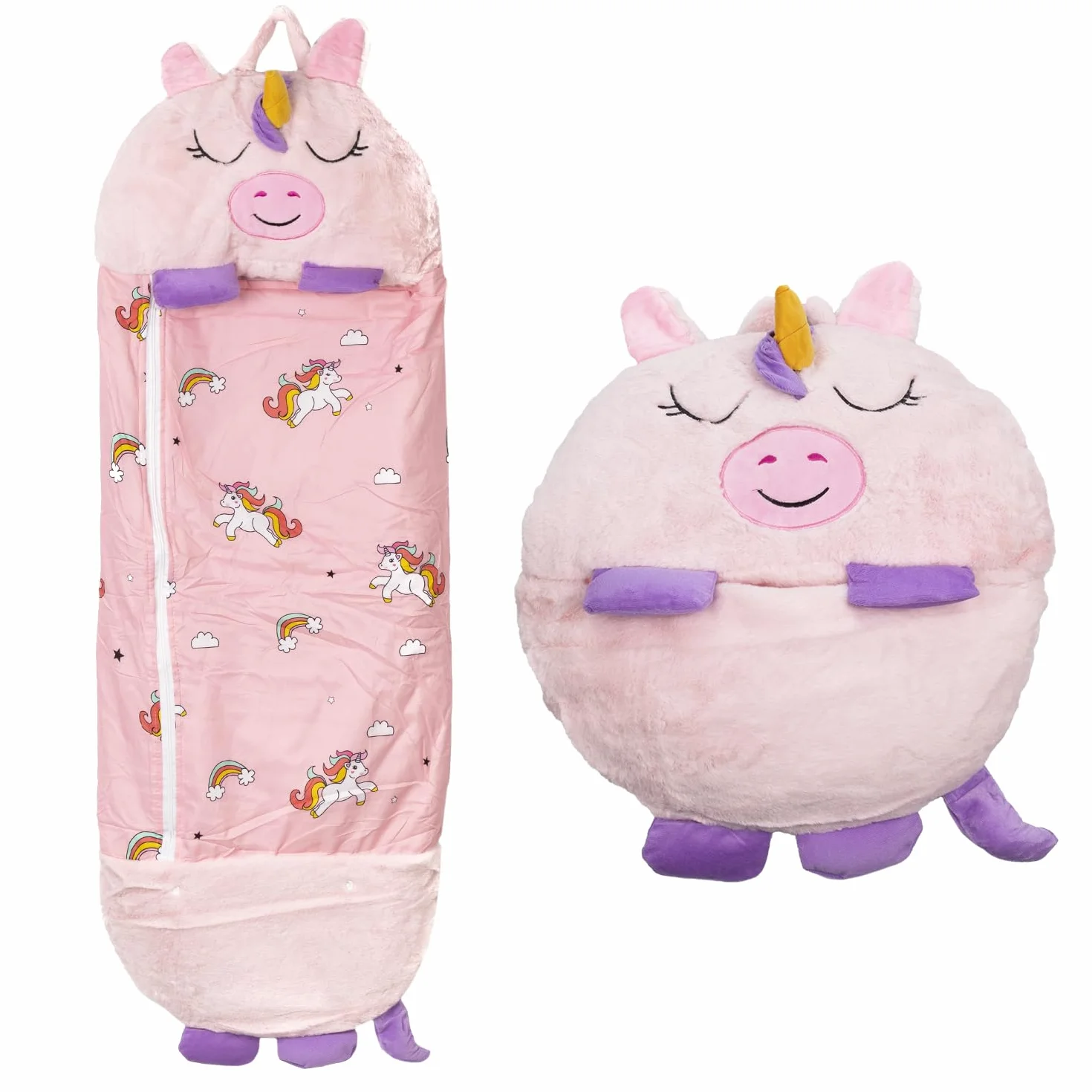 DAM Saco de Dormir Convertible en Almohada, para niños, Cerdicornio Rosa. Tacto Peluche. Pequeño/S: 128x45cm. 135x50x40 Cm. Color: Rosa Claro