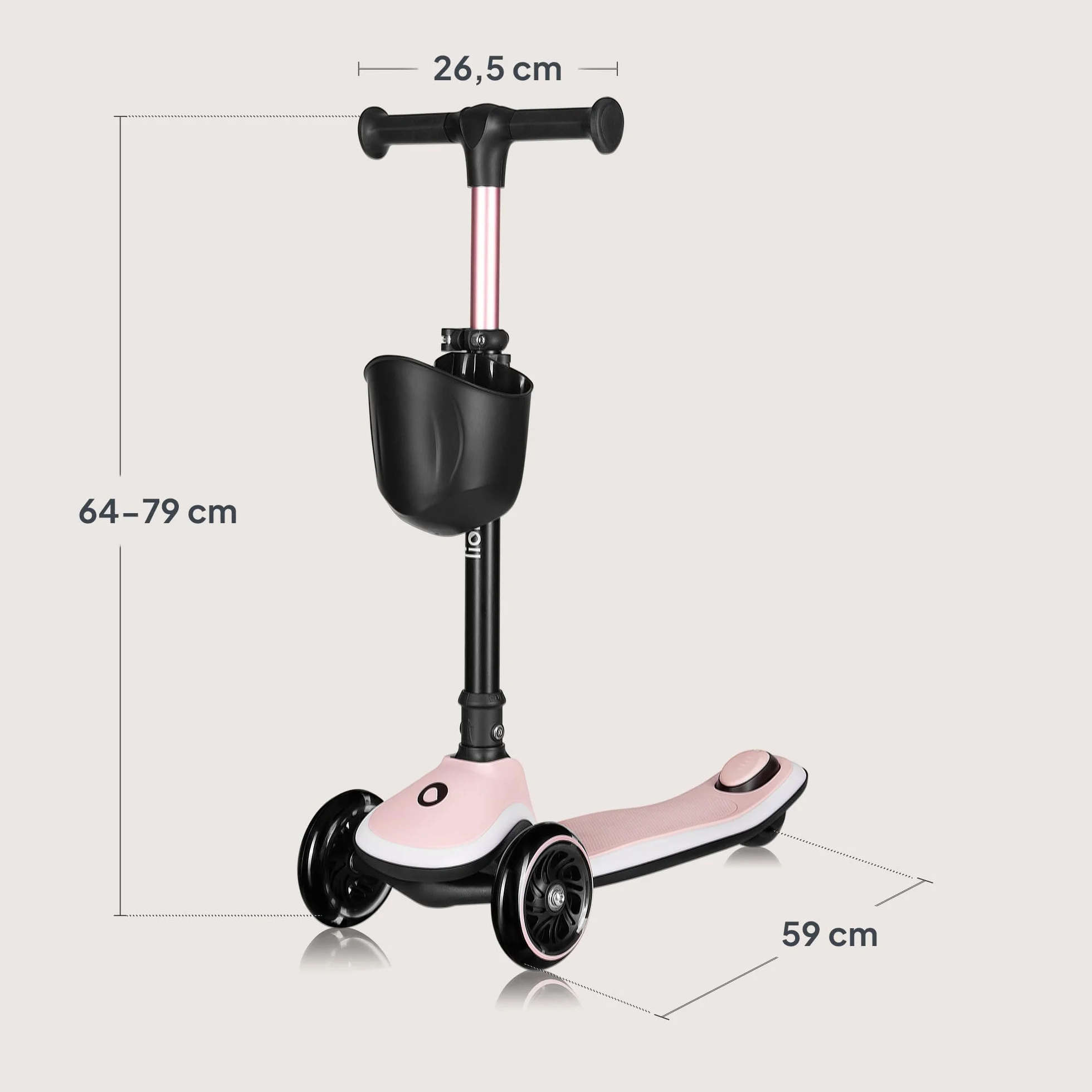 LIONELO MEY Patinete de Equilibrio para Niños Desde 3 años hasta 50 kg, Scooter Infantil Patinete de 3 Ruedas con Ajuste de Altura, Plataforma Antideslizante Iluminada y Ruedas LED, Cesta