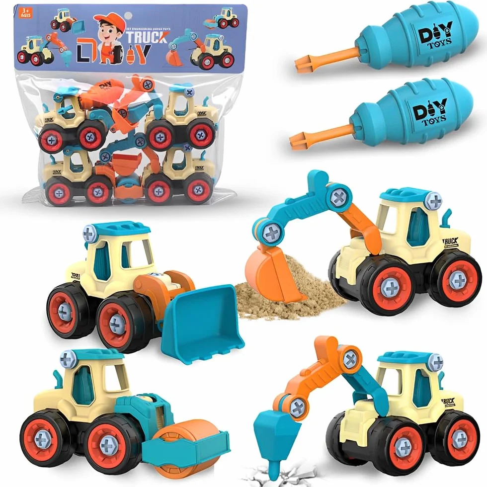 Juguetes de Vehículos de Construcción 4 en 1 para Niños a Partir de 2 Años, Set de Excavadoras DIY con Destornillador, Desmontar Camión de Ingeniería para Niños, Niños