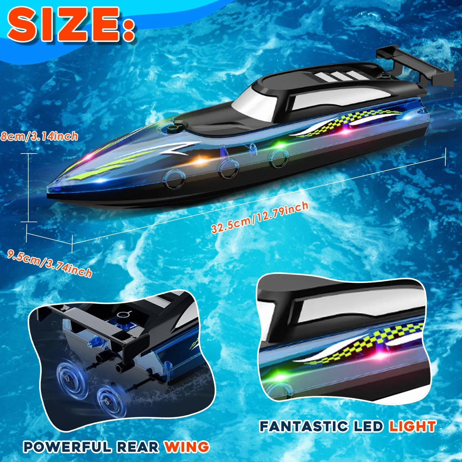 Barco de Control Remoto, 2.4 GHz Barco eléctrico Impermeable de Alta Velocidad con 2 baterías Recargables y luz LED Barcos eléctrico inalámbrico Ship de Carreras para niños Adultos (Blue)
