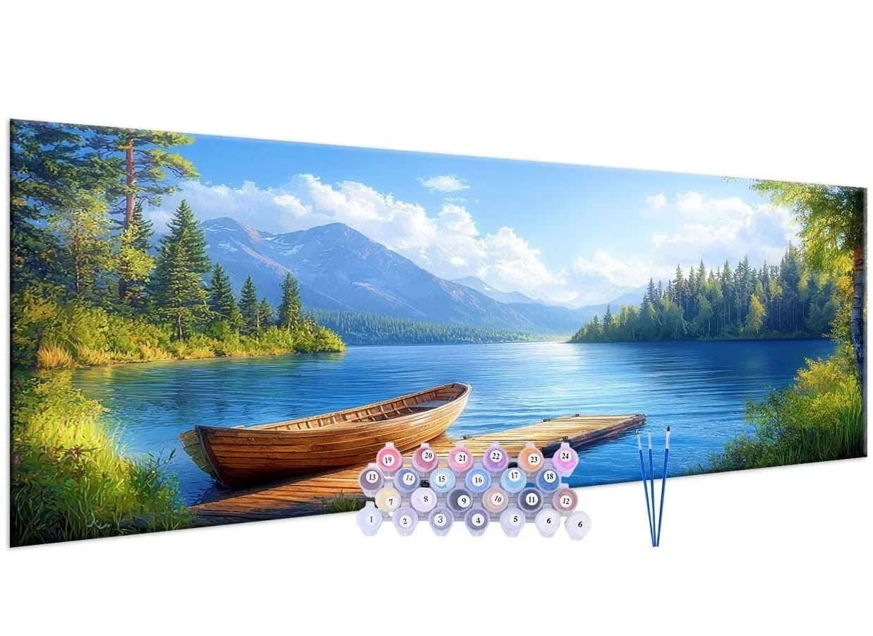 Pintura por Números para Adultos, 90x180cm Acrílica Pintura por Números para Niños Adultos Principiantes Pintura con 3 Pinceles Acuarela Lago barco Paint by Number Niños Decoración del hogar R177