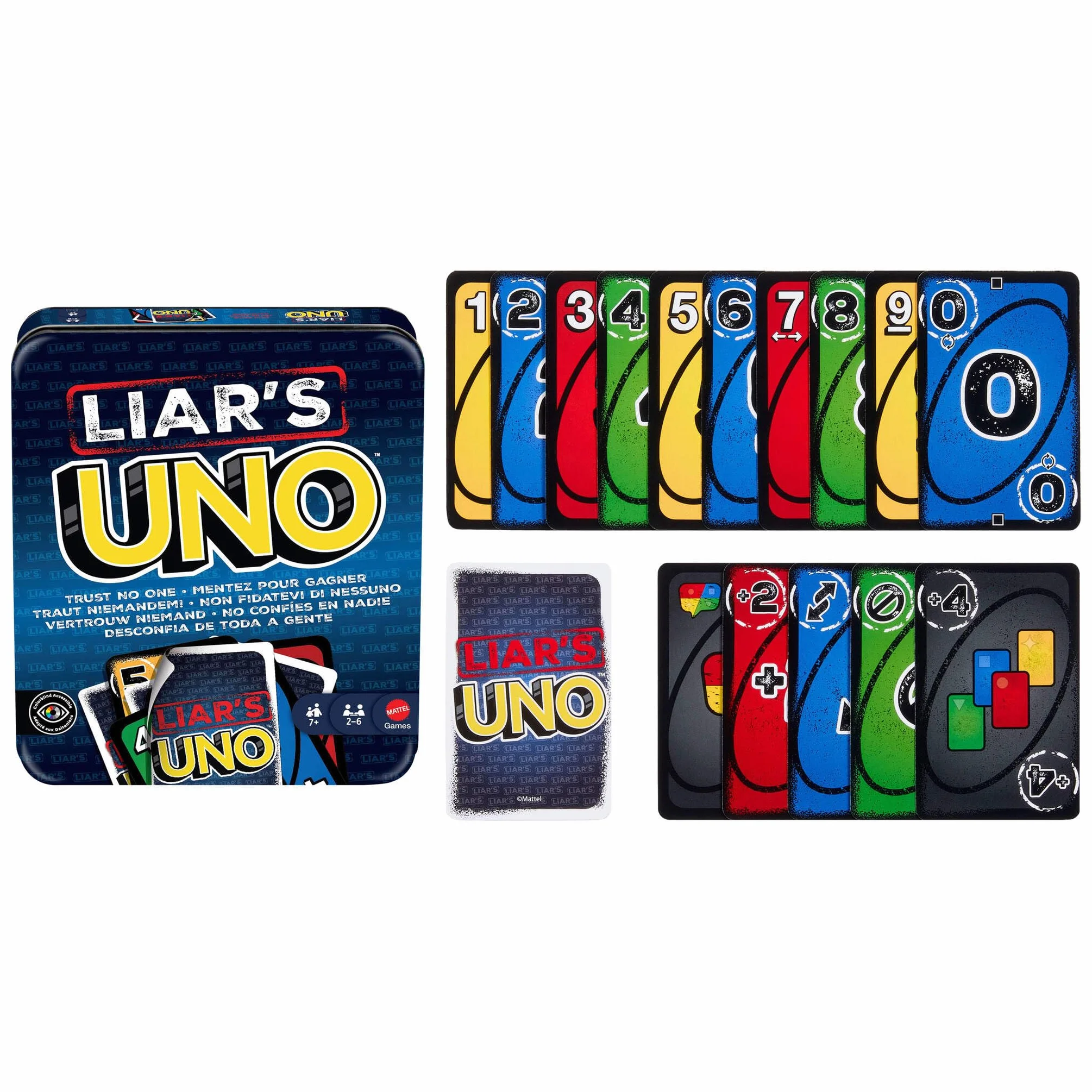 Mattel Games UNO del mentiroso Juego de cartas en lata para almacenamiento y transporte, para niños, adultos, noches en familia y fiestas, supera a los demás jugadores con mentiras y trucos, JLH68