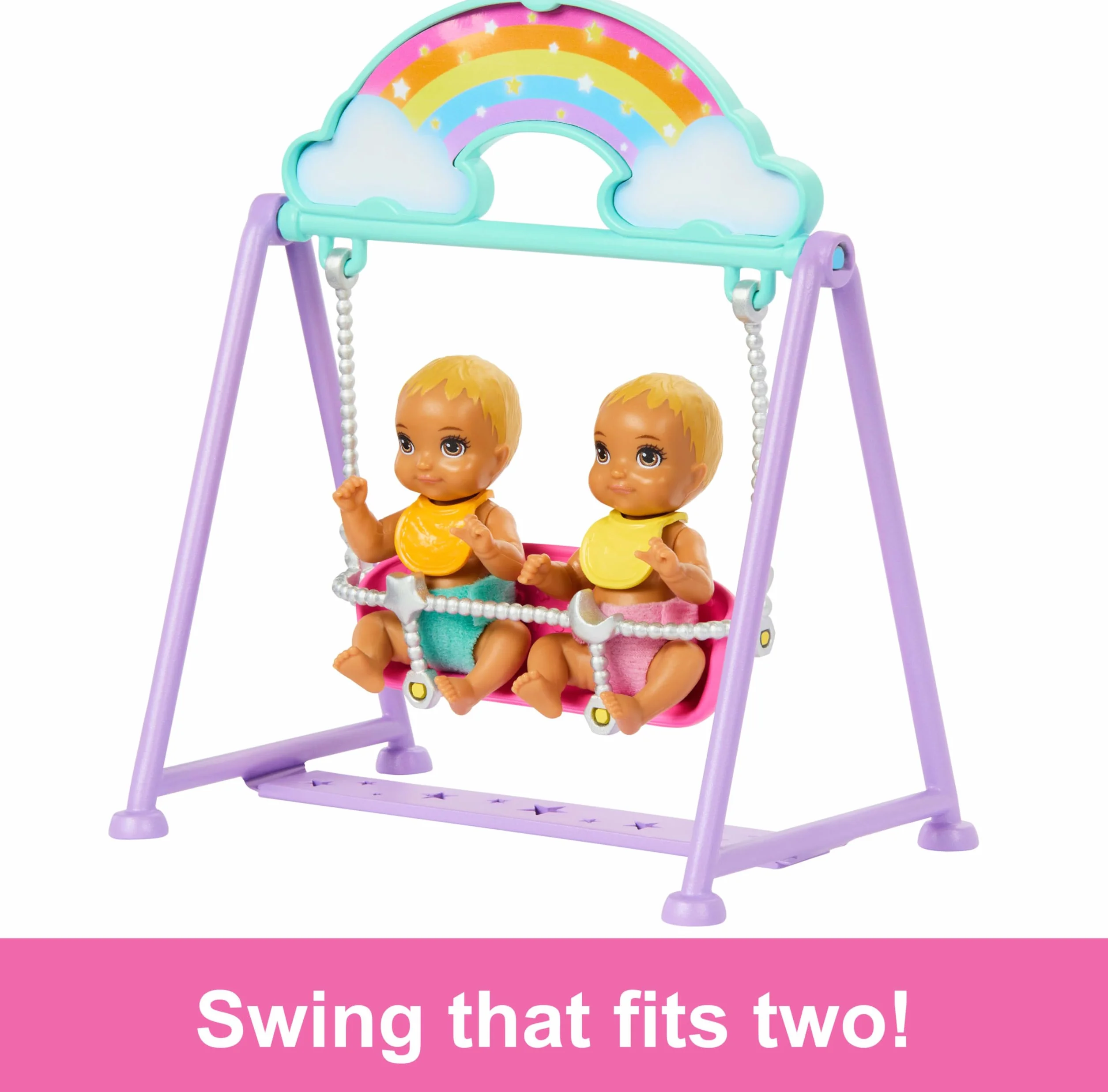 Barbie Muñeca Skipper Canguro de Gemelos con Vestido Morado de Corazones, Cuna, Columpio y Accesorios de Juego para bebés, Juguete +4 años (HXM99)