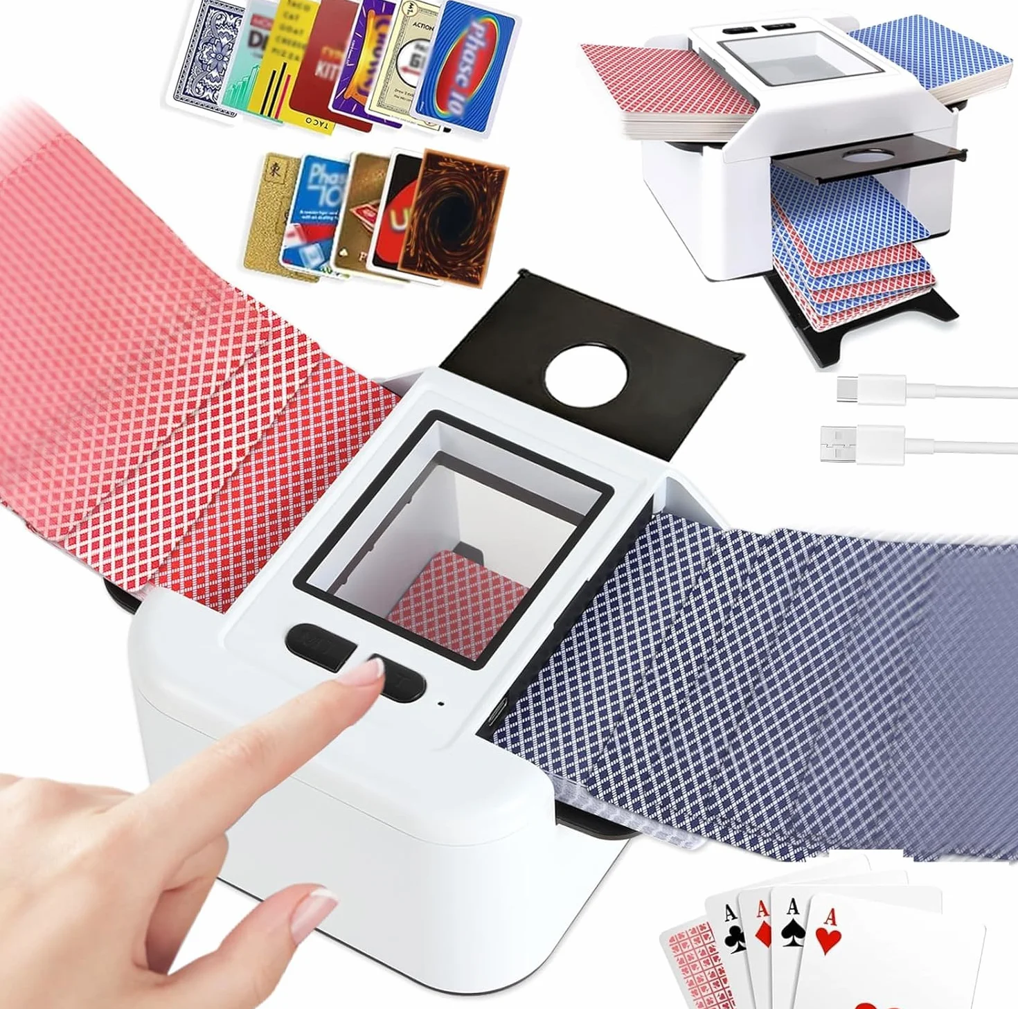Barajador de Cartas Automático, Barajador Eléctrico para 1-2 Barajas, Modo Automático y Manual, Recargable 2000 mAh, Portátil y Silencioso, para Póker, UNO, Blackjack, Skip-BO