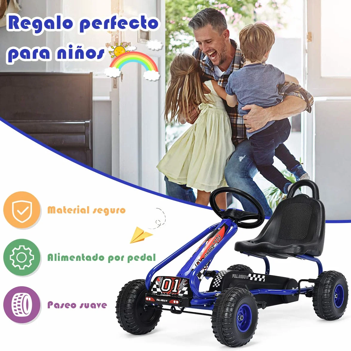 COSTWAY Go Kart de Pedales para Niños con 4 Ruedas Antideslizantes Asiento Envolvente y Freno de Mano, para Niños y Niñas (Azul)
