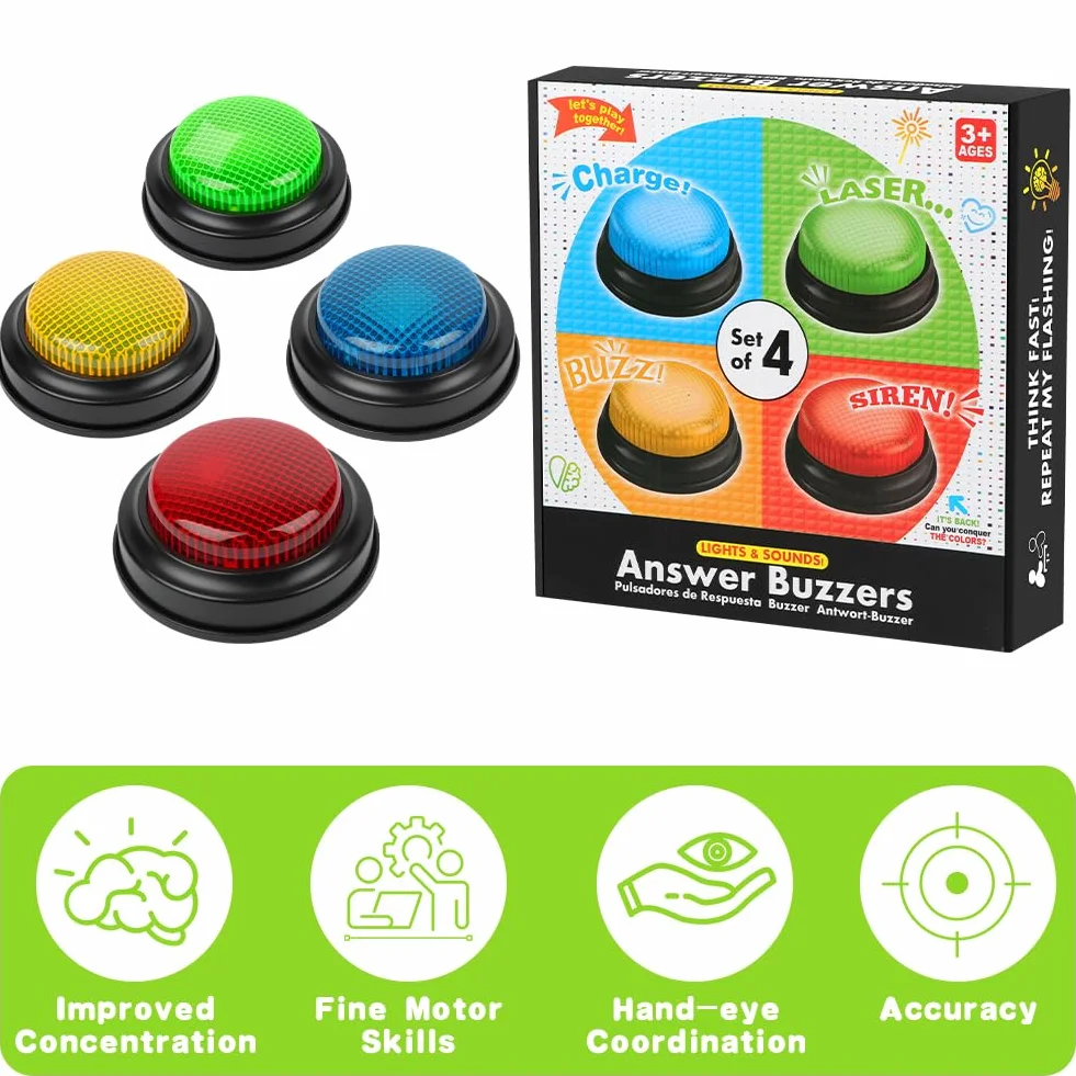 Botones de Respuesta, Accesorio para Quizz Timbre Luminoso y sonoro, Color Surtido, 4 Unidades, Juegos Educativos Regalos