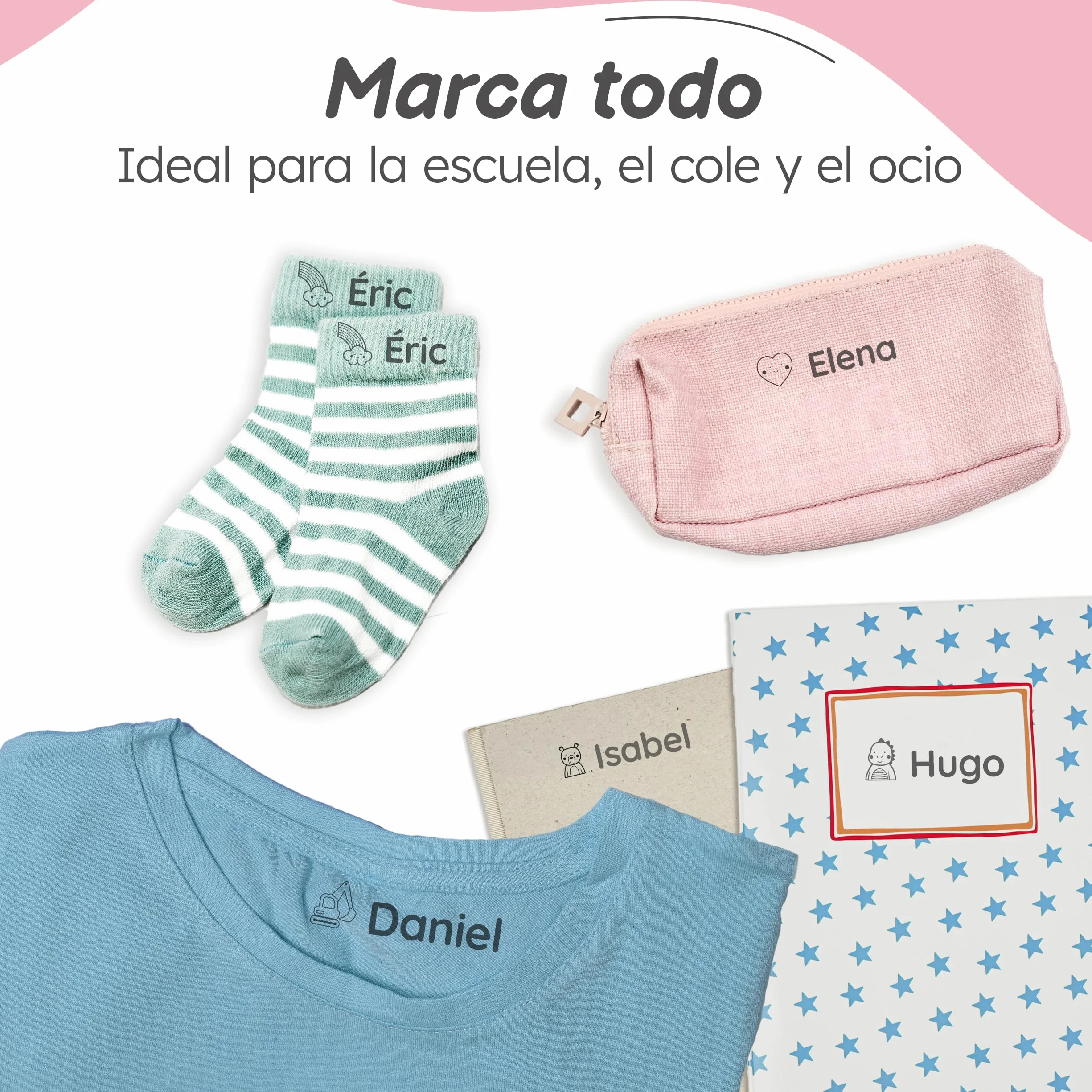 Sello Ropa Niños Personalizado - Para Tejidos, Objetos y Papel - Marcador Ropa Niños resistente al Lavado, Ideal para la Guardería y el Colegio