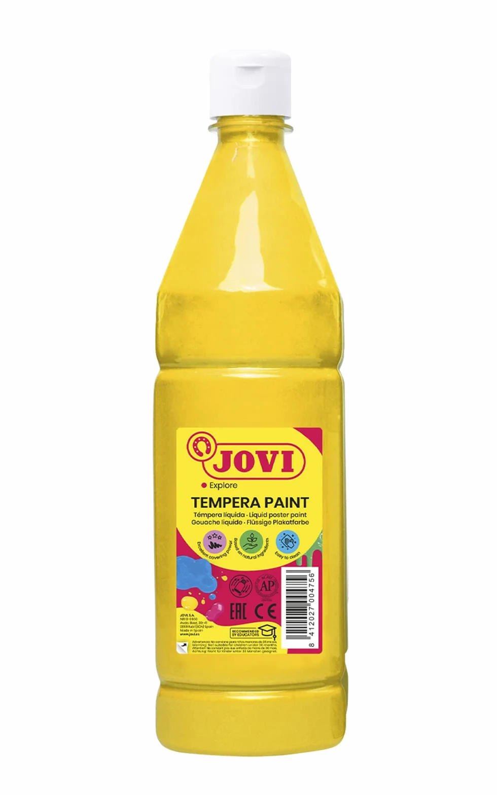Jovi - Témpera liquida escolar, color Amarillo, 1000 ml (511) | Pintura a base de ingredientes naturales, Fácil de lavar, Sin gluten
