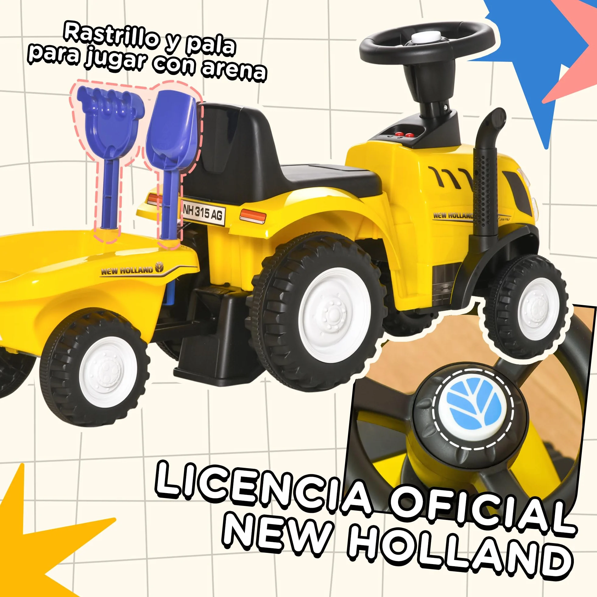 HOMCOM Tractor sin Pedales para Niños de 12-36 Meses con Remolque Extraíble Coche Correpasillos con Bocina Faros Pala Asiento de Suelo 25 cm y Rastrillo Carga 25 kg 91x29x44 cm Amarillo