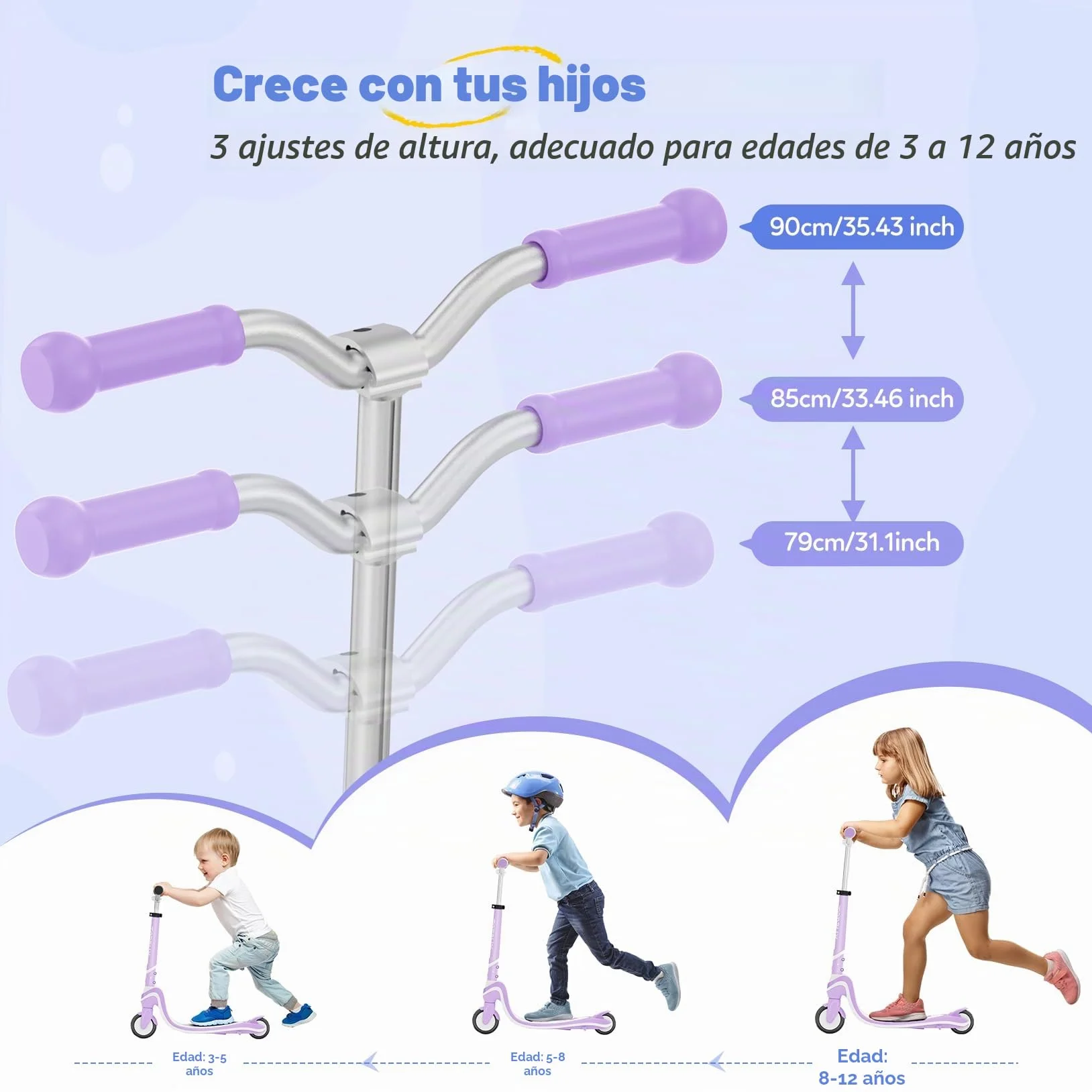 TONBUX Patinete Niños de 3 a 12 Años con Cubierta Iluminada y Ruedas de Poliuretano, 3 Niveles de Altura Ajustable con Soporte, Ligero, Patinete para Niños de 3 Años