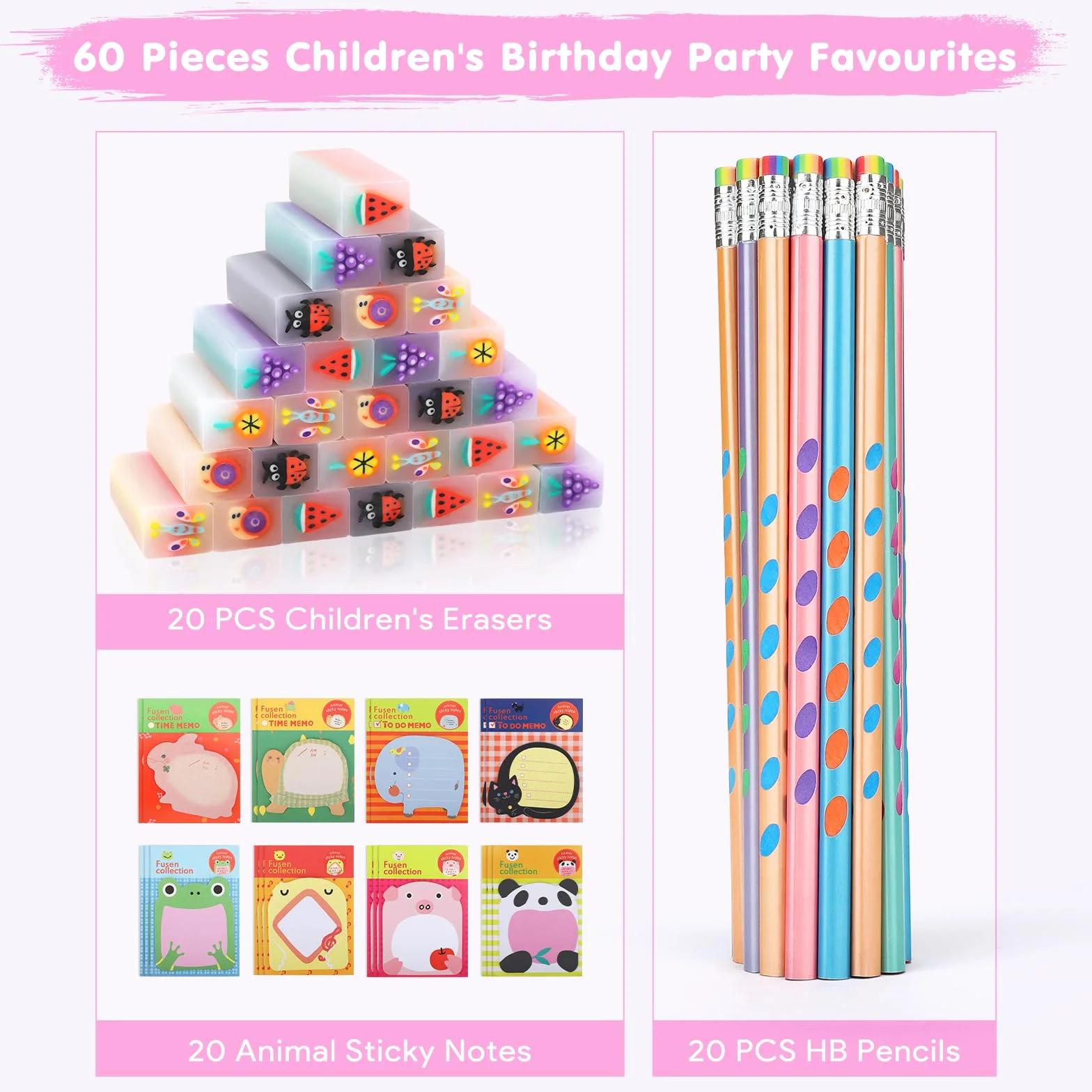 SKAMORI 60 Piezas Lapices con Gomas Niños Regalo, 20 Gomas de Borrar Divertidas + 20 Lápices Triangulares + 20 Notas Adhesivas, Regalos Cumpleaños Niños Colegio & Detalles Cumpleaños Infantil