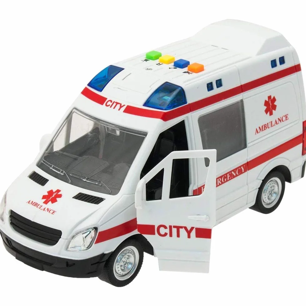 BAKAJI Ambulancia - Juguete para niños con Movimiento de Embrague, Sirena Que Funciona con Luces y Sonidos para Puertas Laterales y traseras Que se abren y se abren, camión Cuidado en Cada Detalle