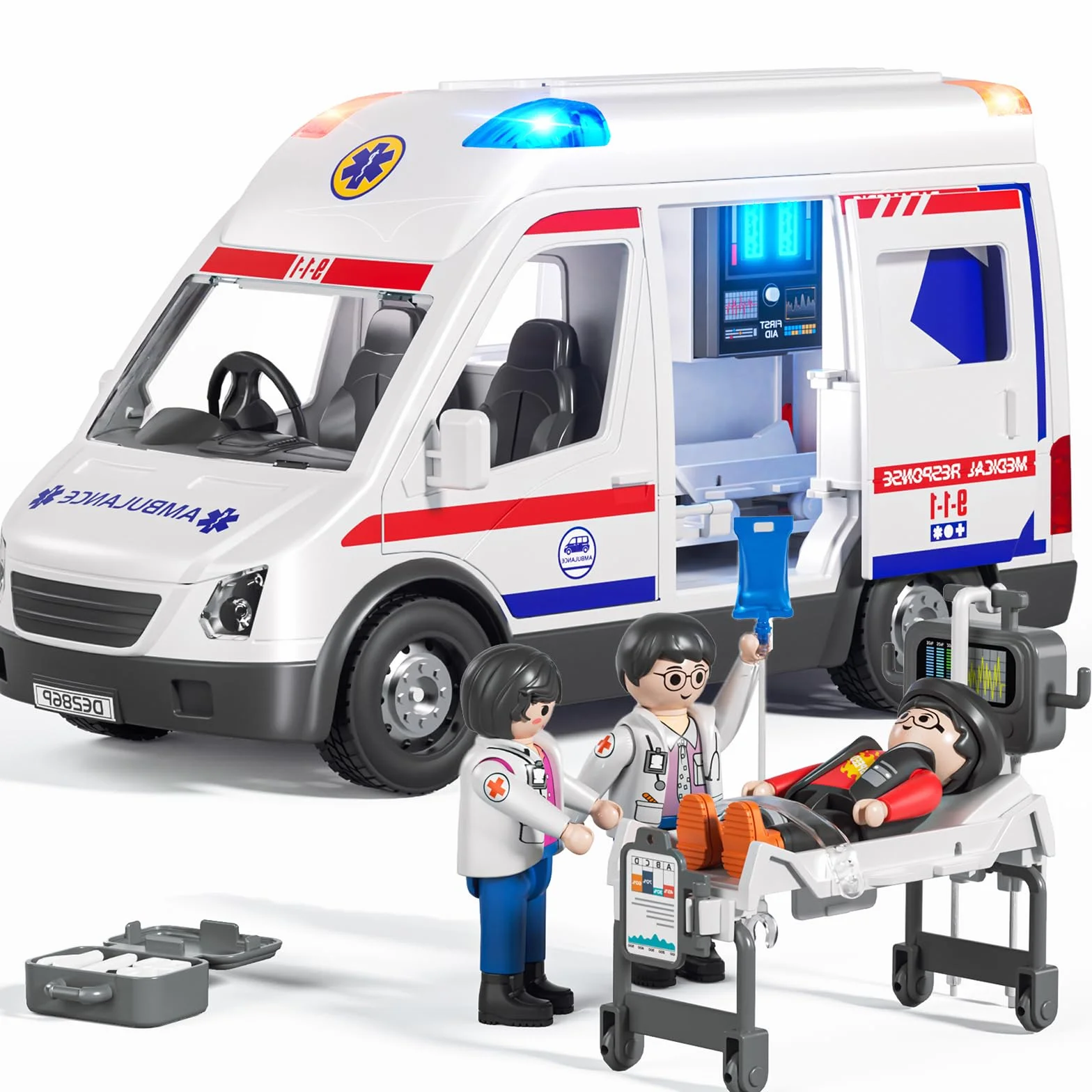 Doloowee Juguete de ambulancia para niños de 3, 4, 5, 6, 7, 8 años, camión de fricción con luz y sonido, vehículos de emergencia para niños y niñas, regalos para niños y niñas de 3 a 12 años
