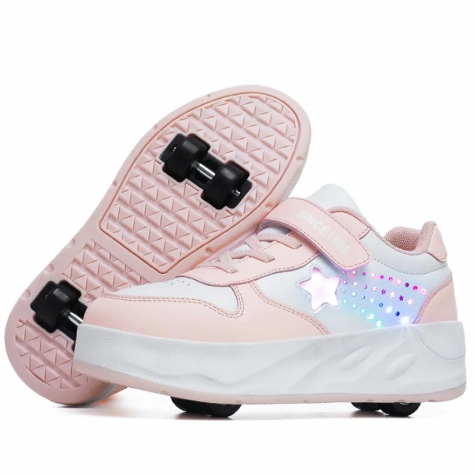 Zapatos con Ruedas para Niñas Niños, Patines con 4 Ruedas Retirable, Zapatillas de Skateboarding