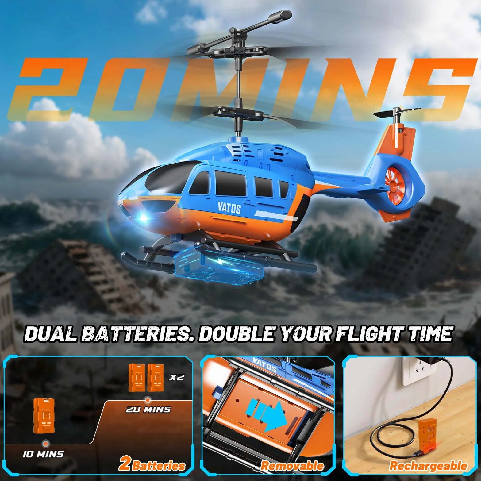 VATOS Helicóptero Teledirigido 2.4G con LED, Fácil de Volar, con Función de Mantenimiento de Altitud, Despegue con un Solo Botón y Aviso de Batería Baja. Ideal para Niños a Partir de 10 Años