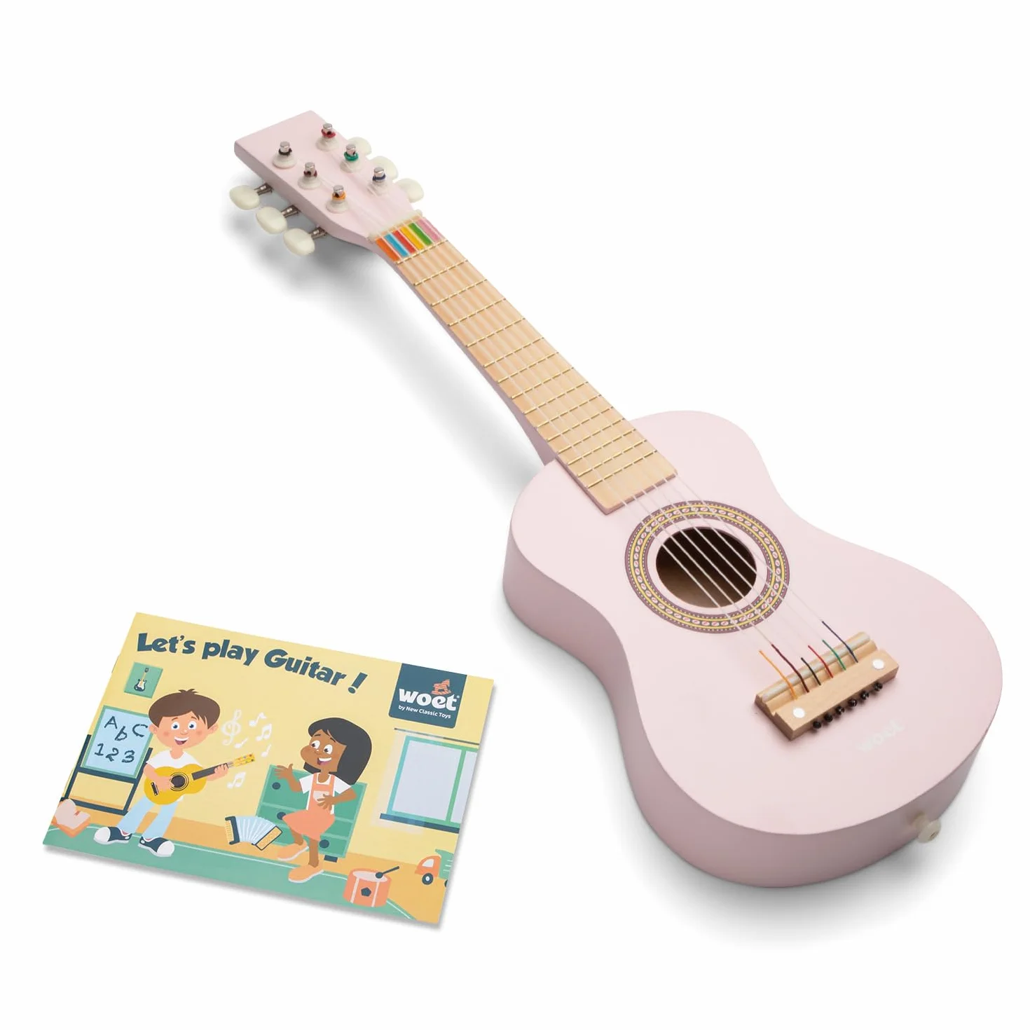 Woet® Guitarra de Juguete Rosa de Madera para Niños, 6 Cuerdas de Nailon con Correa, Cuerda de Repuesto y Libro Musical de Colores con 3 Canciones, Instrumento Educativo, A Partir de 3 Años