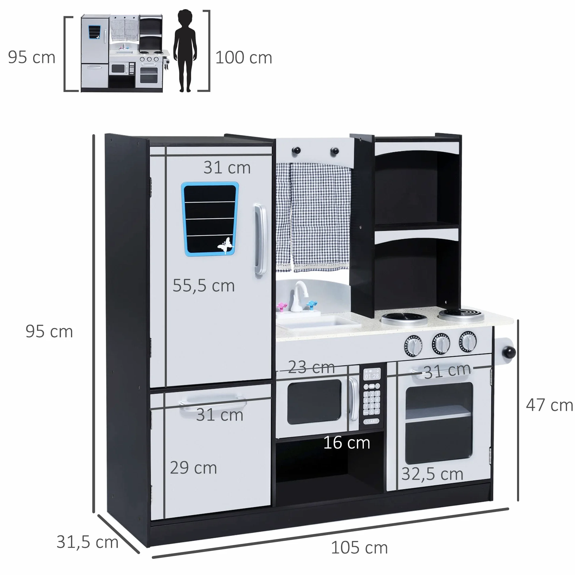 HOMCOM Conina de Juguete con Accesorios 105x31,5x95 cm Plata/Marrón Oscuro | Madera Grande, Niños +3 Años, Cocina Infantil Juguete, Encimera, Juego Imitación, Horno, Microondas, Fregadero