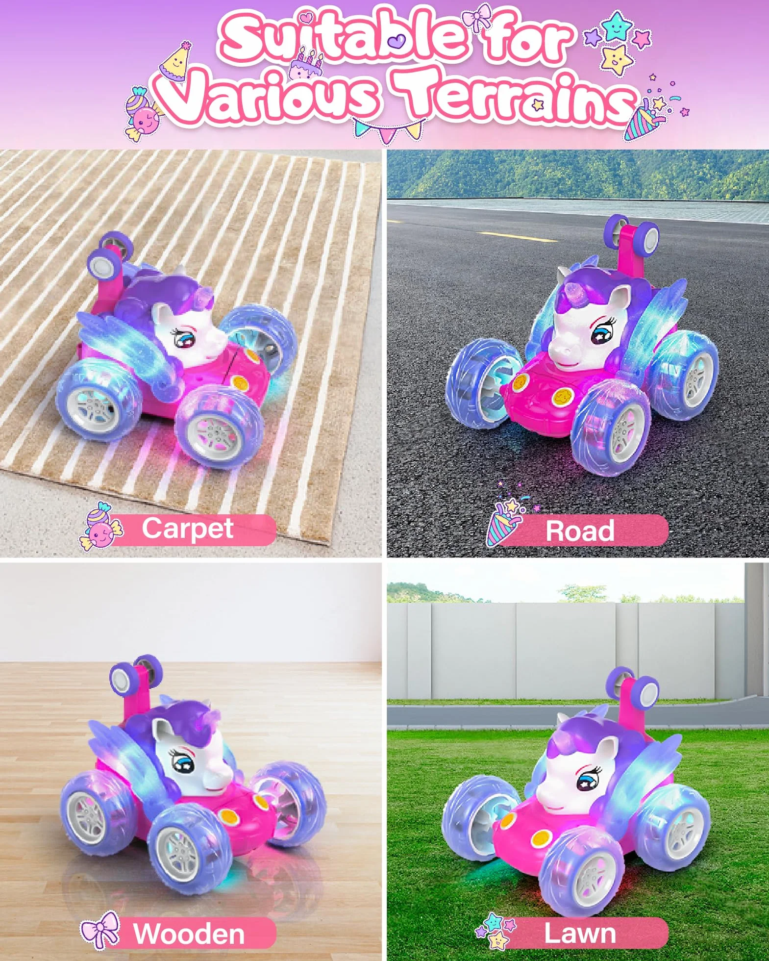 Kiztoys Unicorn Coche Teledirigido - Coches de Juguete para Niñas de 3 4 5 6 Años, Unicornio Teledirigidos Monster Truck con luz LED, Regalo de Juguete para Niñas 3+ Años