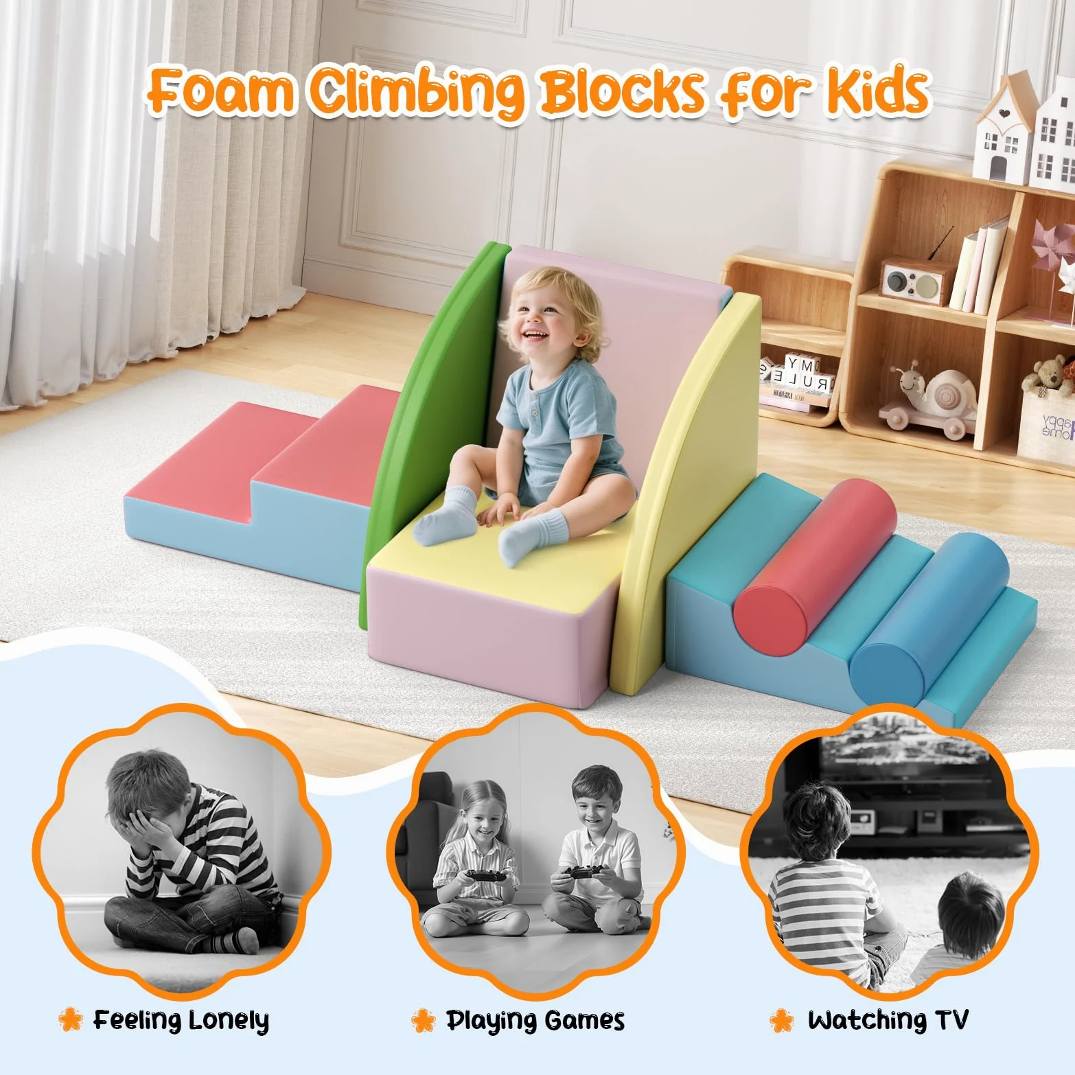 8p - Bloques de escalada blancos para niños, bloques de escalada para bebés, revestimiento de PU resistente a los arañazos, fácil de limpiar, cierre de cremallera oculta, espuma de alta