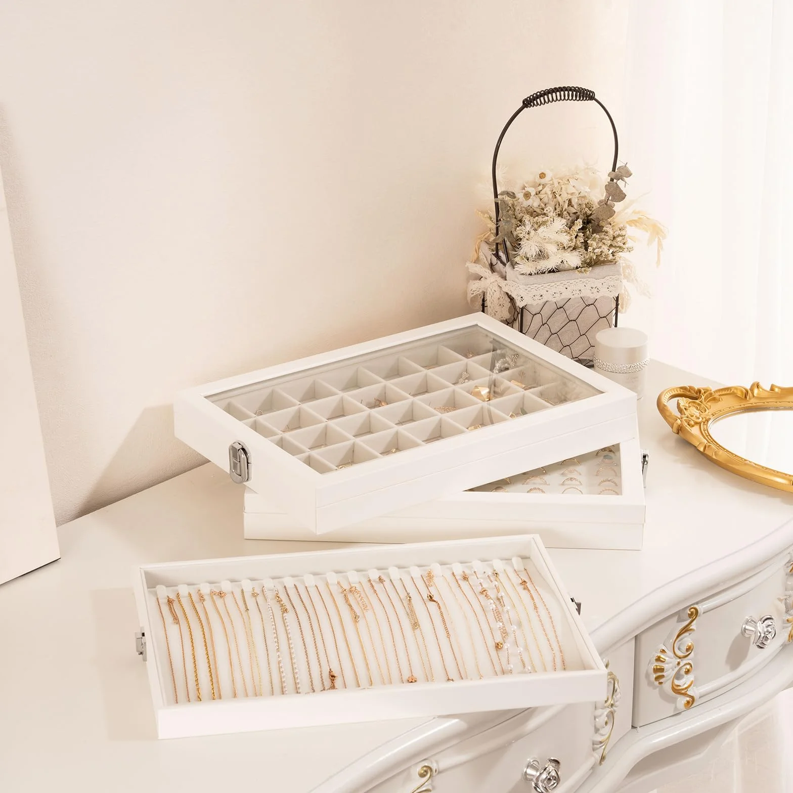 Lolalet Bandeja Organizadora para Collares con Tapa, 18 ganchos para Joyas Caja de Almacenamiento para Cajón -Beige