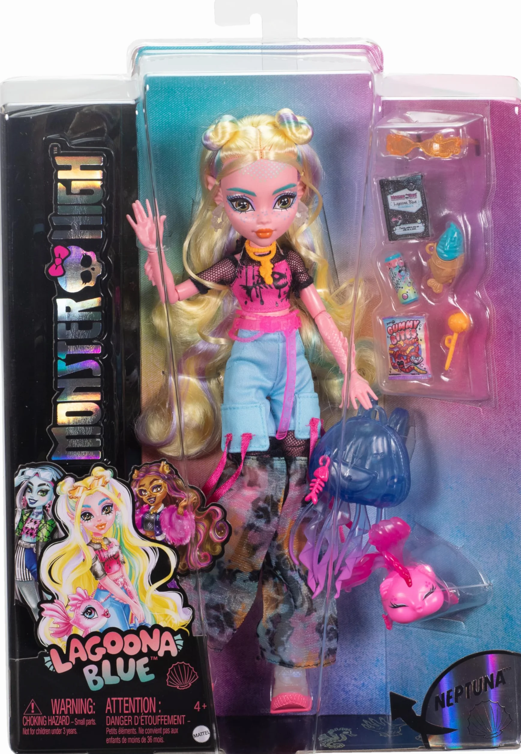 Monster High Lagoona Blue, Muñeca monstruita Marina con Camiseta de Malla y Pantalones Cargo de los años 2000, Incluye Mascota pez Neptuna, Juguete Regalo para niños y niñas +4 años, HXH75
