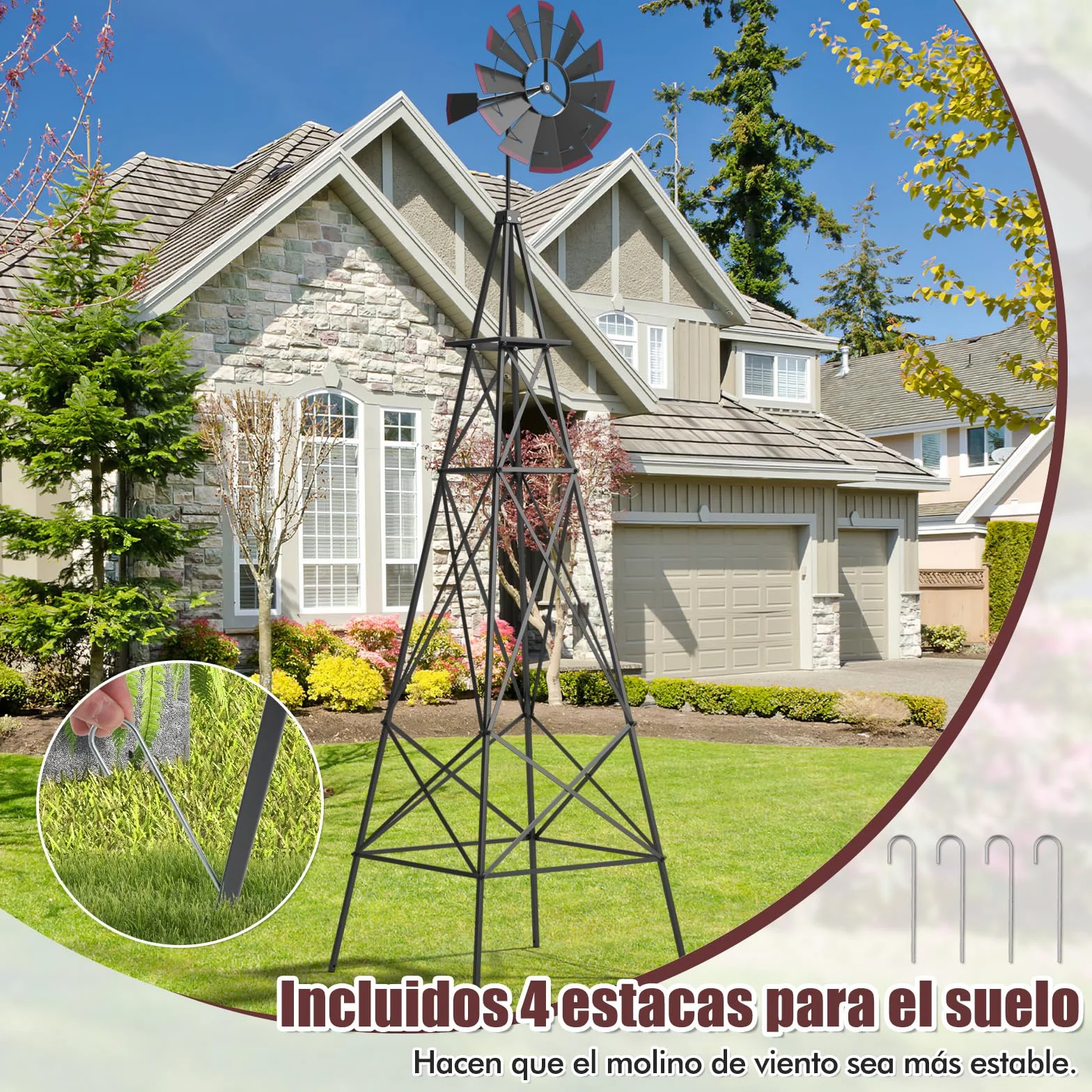 COSTWAY Molino de Viento Jardin de 253cm, Rueda de Viento con Rodamiento de Bolas, Molinillo de Viento de Metal Patio, Jardín, Granja, 4 Estacas Incluidas (Gris)
