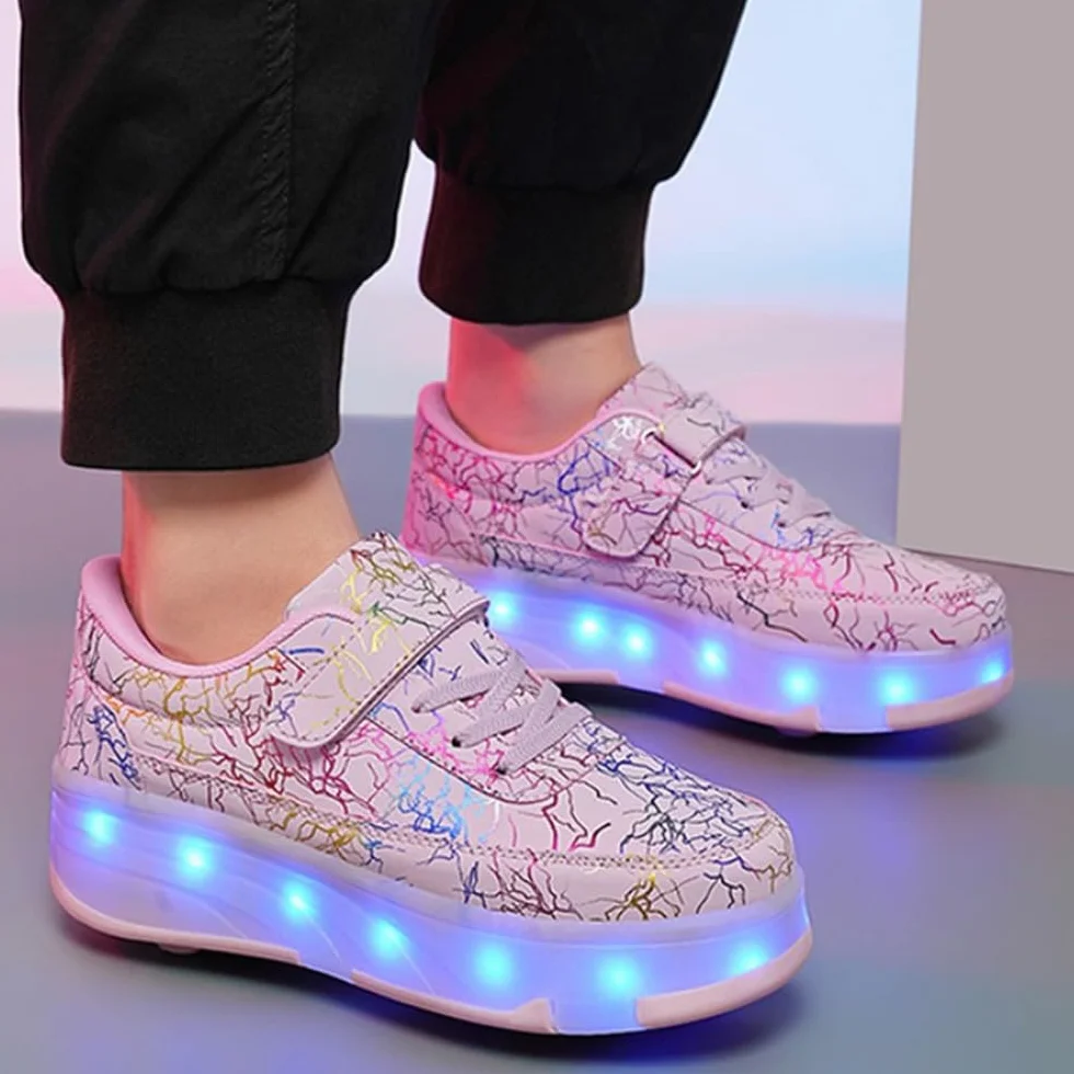 Mateju Patines Brillantes con 4 Ruedas Retirable Zapatos con Ruedas para Niños y Niñas 2 en 1