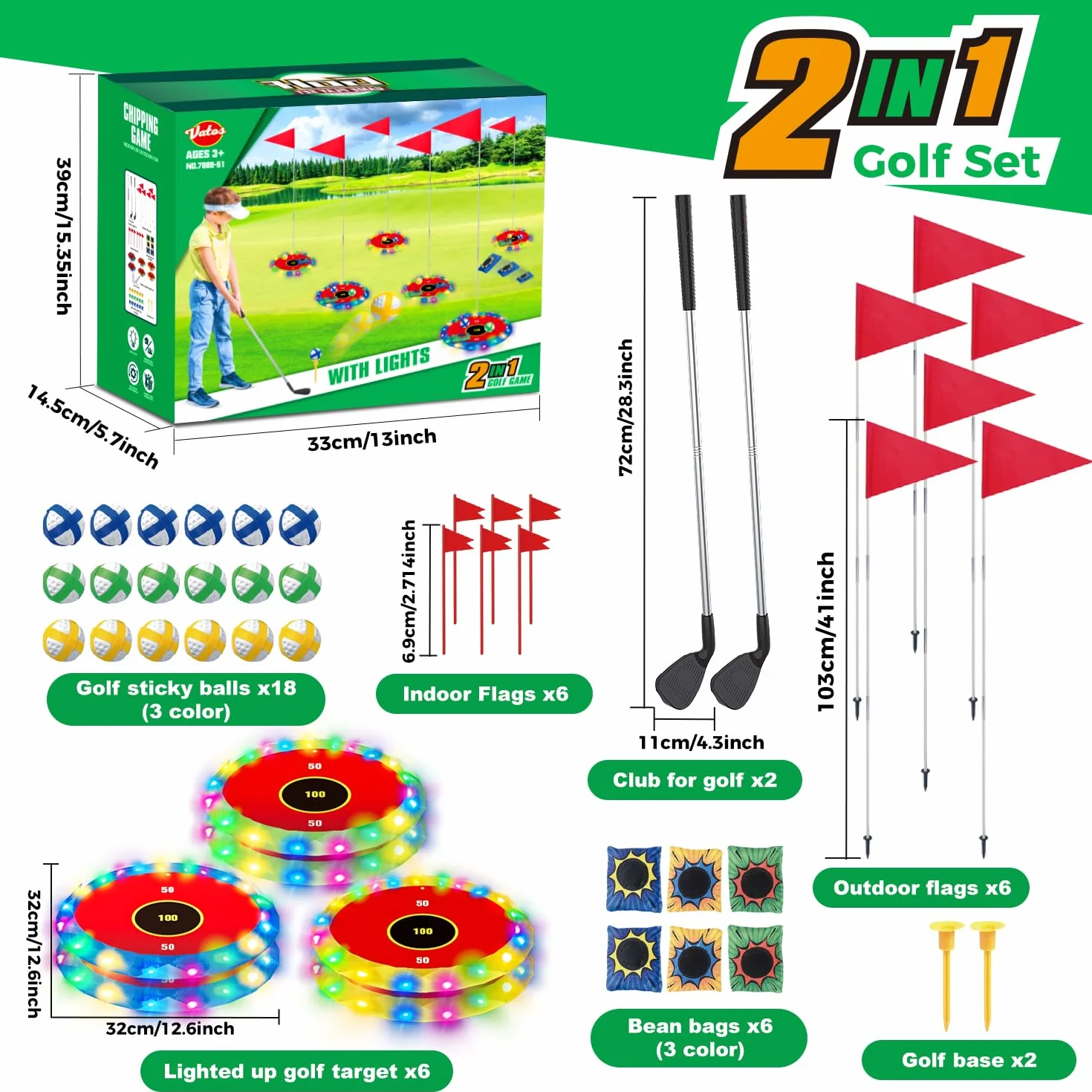 VATOS Juego de golf 2 en 1 con luz para niños - Juego de golf de astillado y lanzamiento de bolsa de puf con 6 objetivos LED, 2 palos, 18 bolas, juego de golf nocturno para fiesta en interiores al