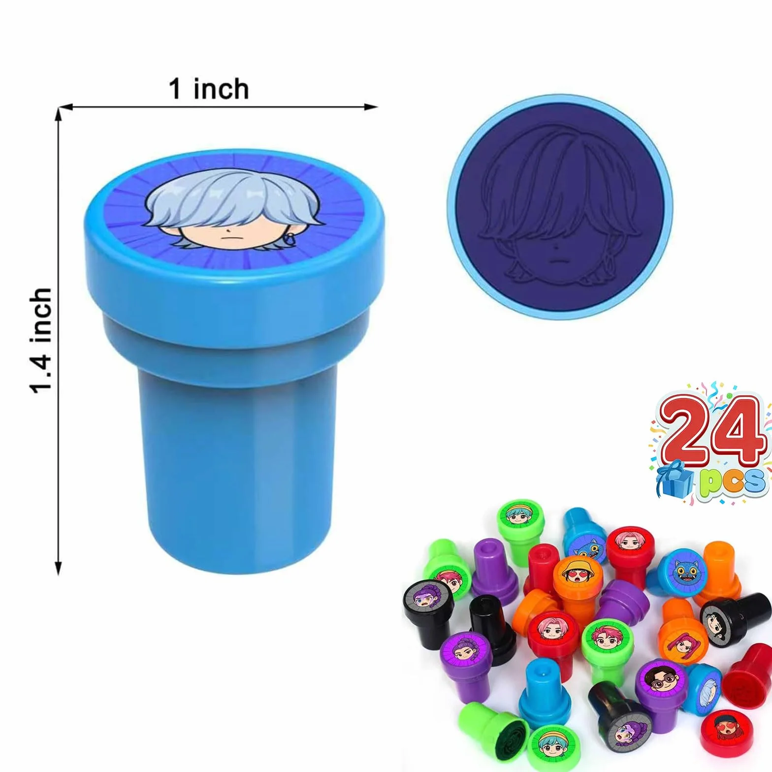 Lot de 24 sellos Demo - Mini Hunte - Autoentintables - para Niños - Redondos - Multicolor - Lindo Juguete de Dibujos Animados - para Fiesta - Pequeños Regalos