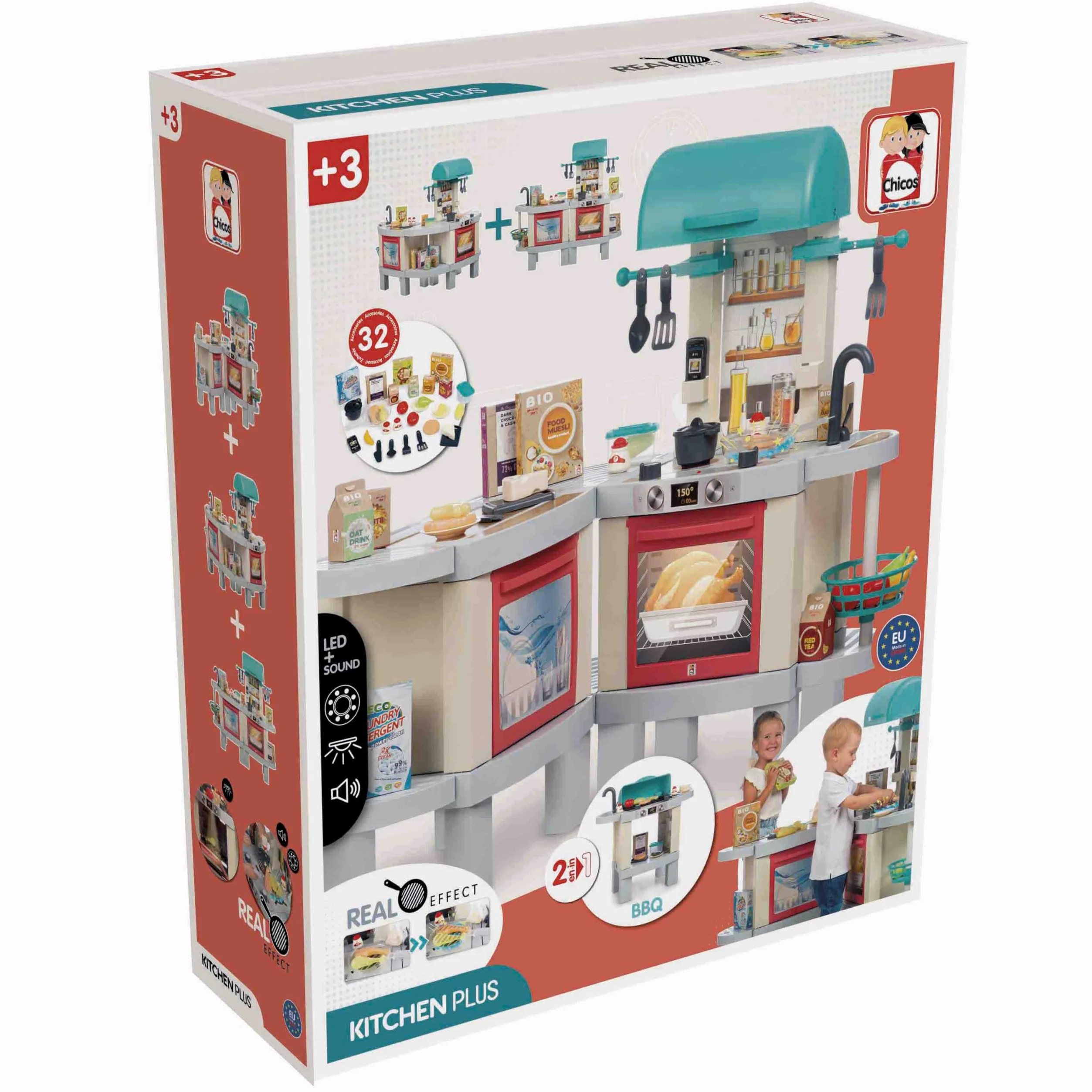 Chicos - Cocina Juguete Kitchen Plus | Cocinita Infantil 2en1| Luces, Sonido y Efecto Real | Transformable en Barbacoa | 31 Accesorios | Niños 3 4 5 años (85114)