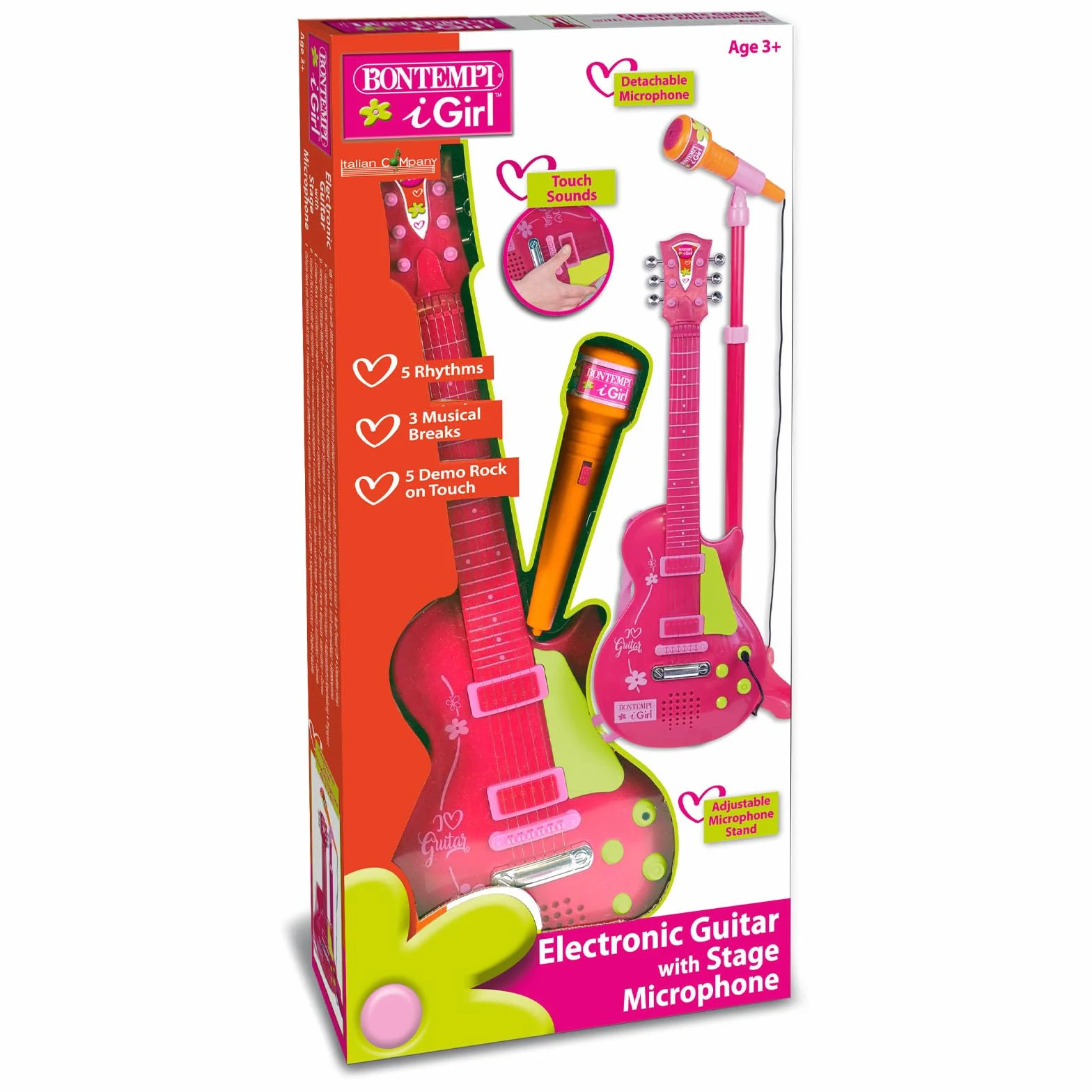 Bontempi | ElectroGroove con Micrófono - Guitarra Rock Electrónica para Vibraciones Potentes y Ritmos Innovadores, Rosa, 225x225x1120 mm
