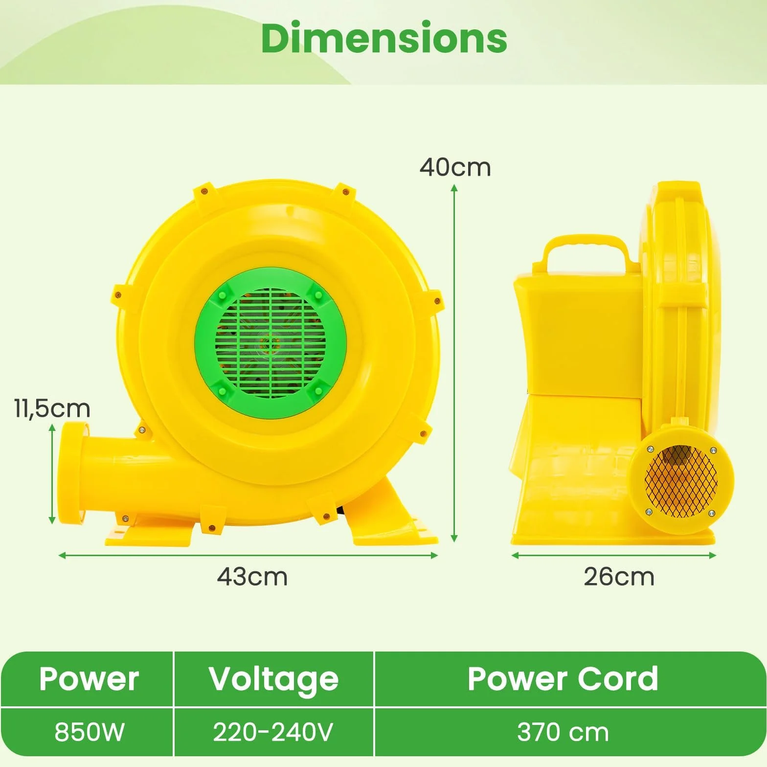 FANTASK Bomba de Ventilador para Castillo Hinchable, 850 W, para Juguetes inflables, soplador con Mango y Anclaje al Suelo