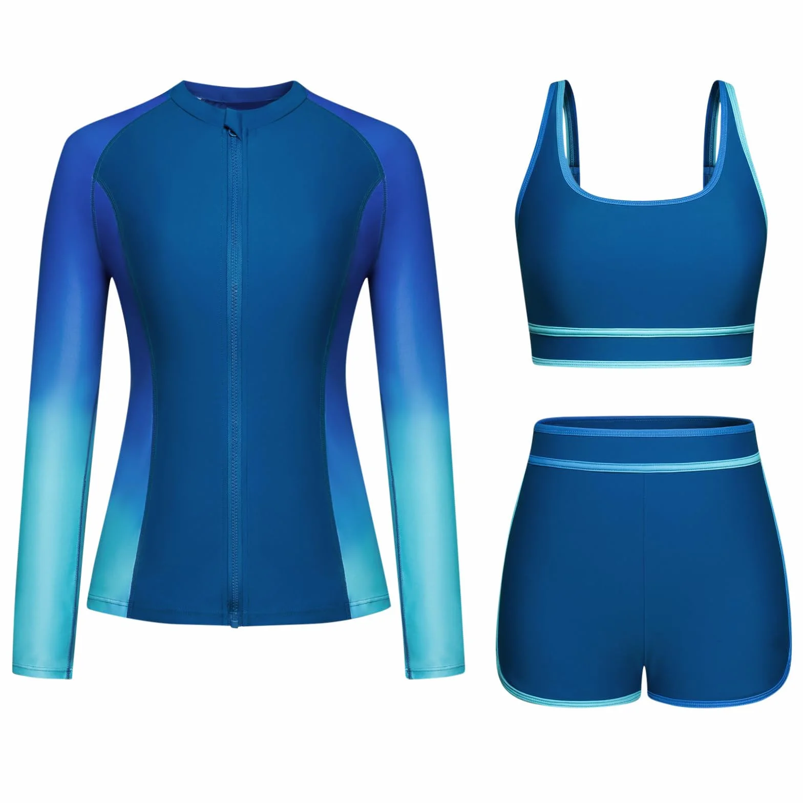 Traje de baño de 3 piezas para mujer con protección UV UPF 50+ manga larga y cremallera