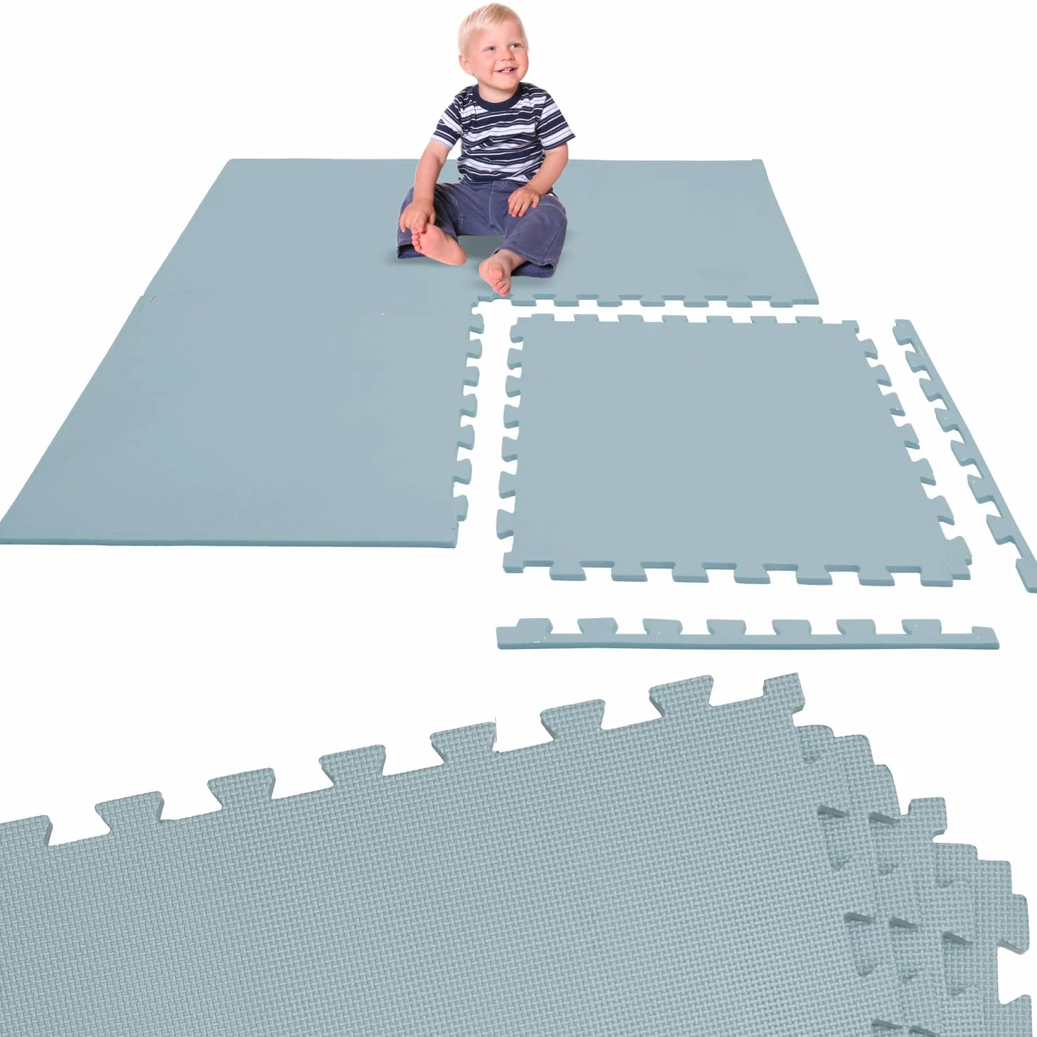 LittleTom Alfombra Puzzle Infantil Azul - 4 Piezas Encajables 50x50 cm - Colchoneta de Goma Espuma EVA 100x100 cm para Niños - Protector Suelo Acolchado sin BPA - Manta de Juegos Impermeable