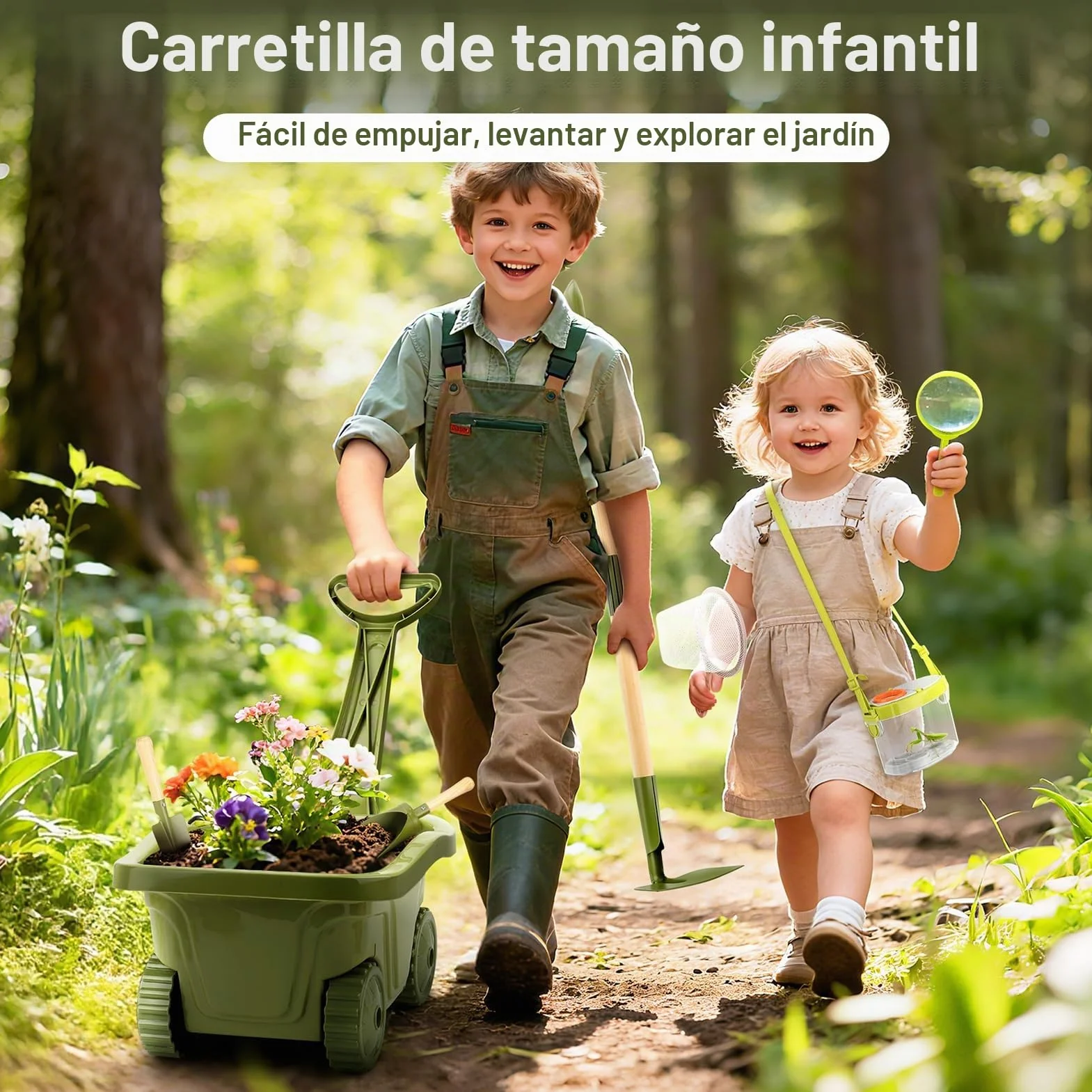 Dreamon 17PCS Carretilla Niño Set Jardinería y Exploración | Herramientas Jardinería Infantil + Kit Explorador Niños con Caja Insectos, Red, Lupa | Juguetes Jardín Educativos Exterior 3+ Años