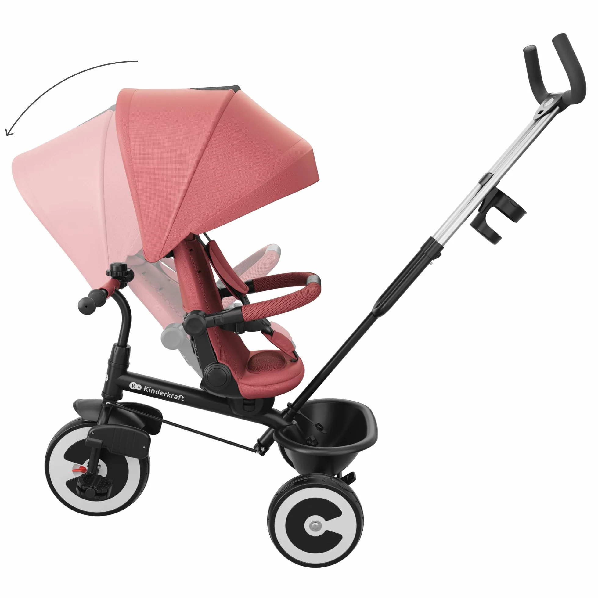 Kinderkraft Aston 2 Pro Triciclo Evolutivo, Bicicleta Sin Pedales, Bicicleta Bebe, para Niños, Cinturón, con Accesorios, Portavasos, Cesta, 9 Meses a 25 kg, Rosa
