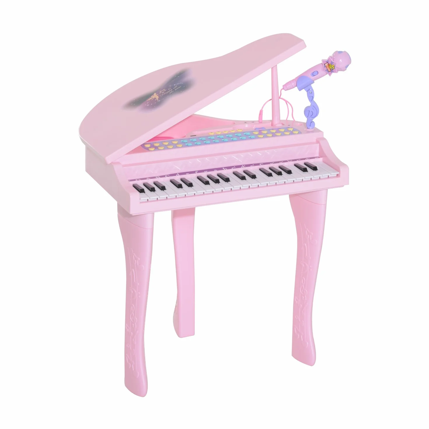 HOMCOM Piano Infantil 37 Teclas Teclado Electrónico Piano para Niños con Micrófono Taburete Luces y 22 Canciones USB/MP3 Karaoke Modo de Enseñanza Rosa