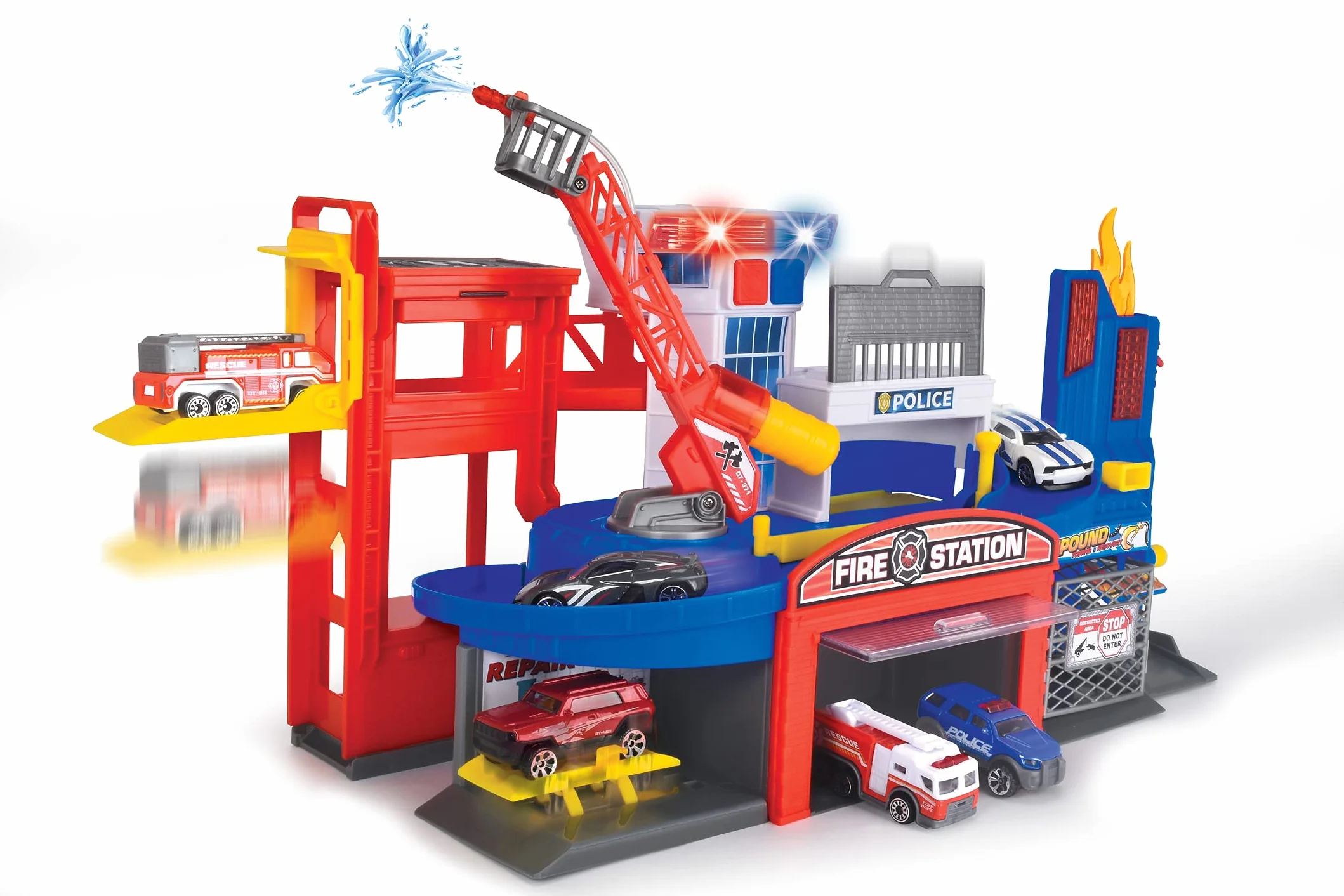 Dickie Toys Aparcamiento de Bomberos y policía con 2 Coches de Juguete con Elevador, luz Azul, Sirena, función de Fuego, para niños a Partir de 3 años