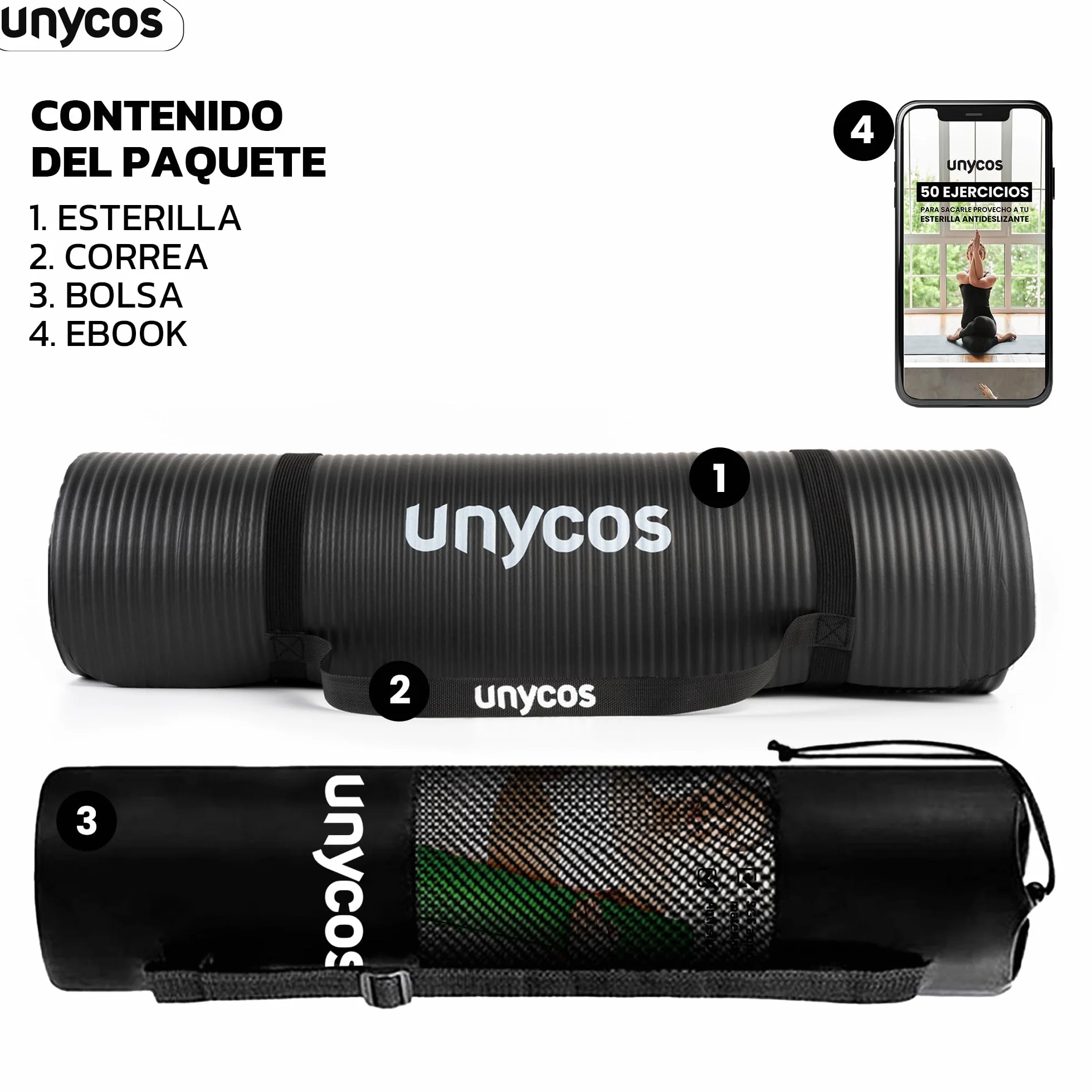 unycos Esterilla de Yoga NBR Poliéster Antideslizante Alta Densidad 10/15 mm Hipoalergénica