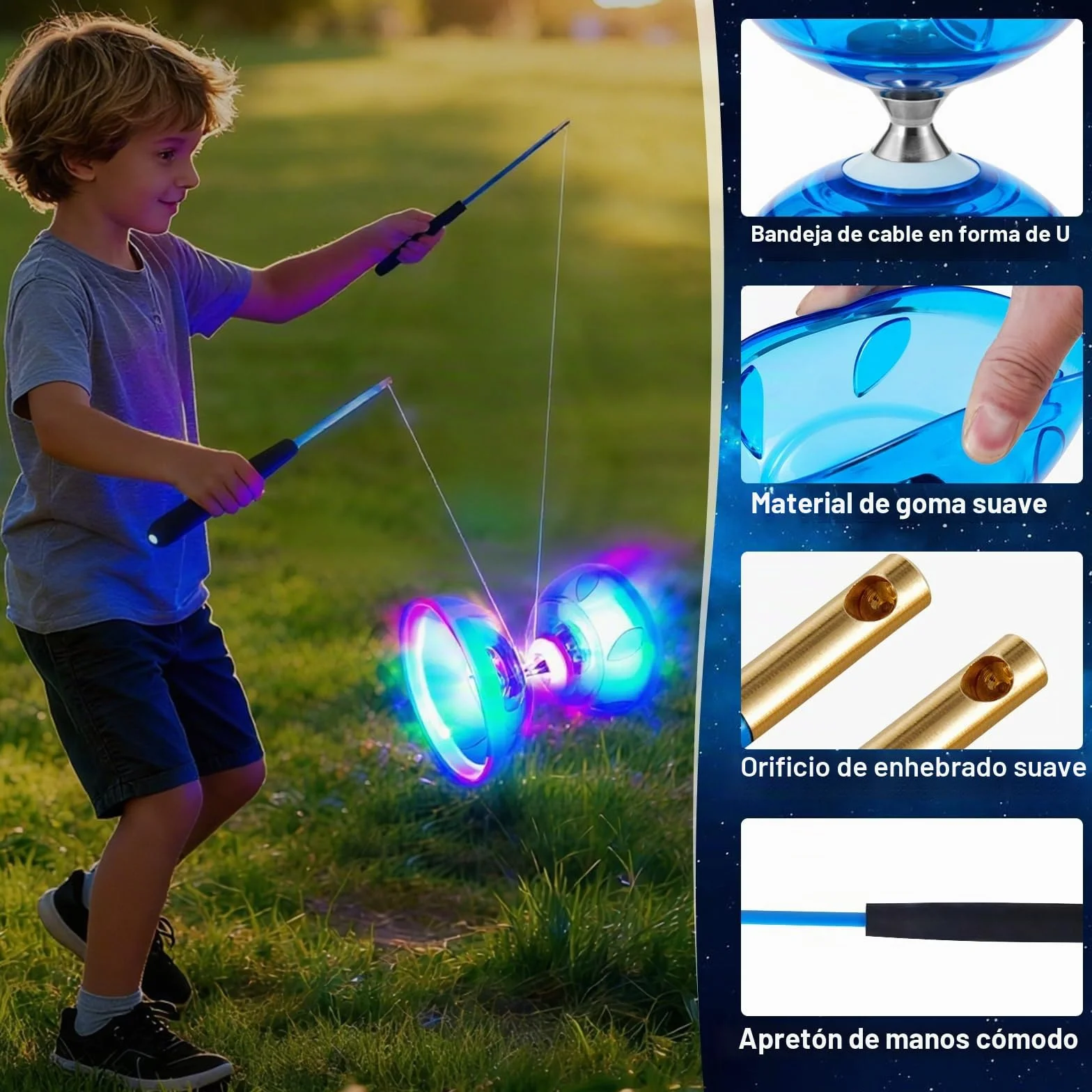 Juego de Malabares LED Diabolo, 4,5 mm Diábolo LED con Rodamiento de Bolas Diábolo Juego de Malabares para Principiantes Profesionales con 2 Bastones, 10M Cuerda de Repuesto, Bolsa de Guardado